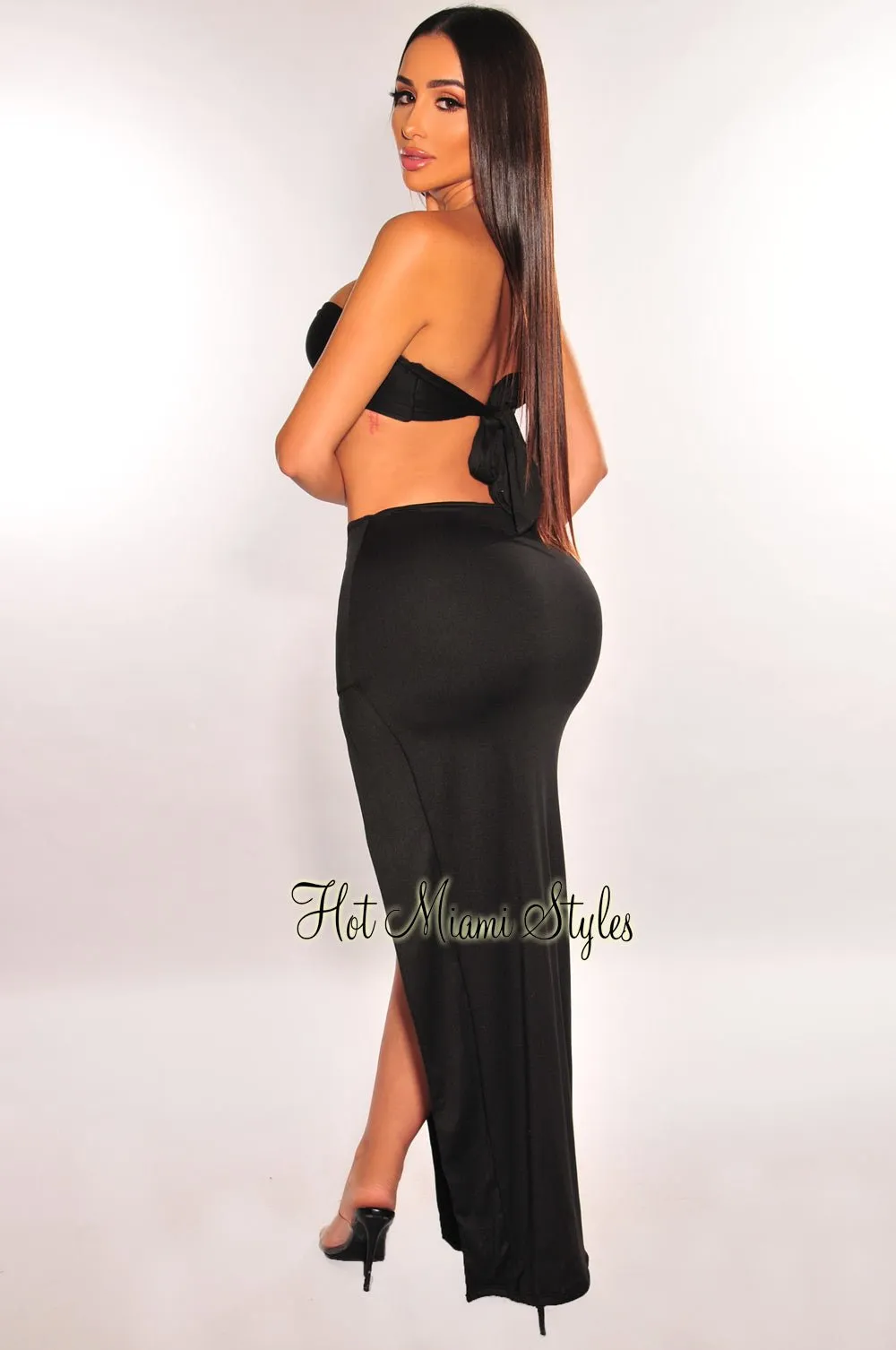 Black Strapless Tie Up Gold Ring Slit Skirt Two Piece Set