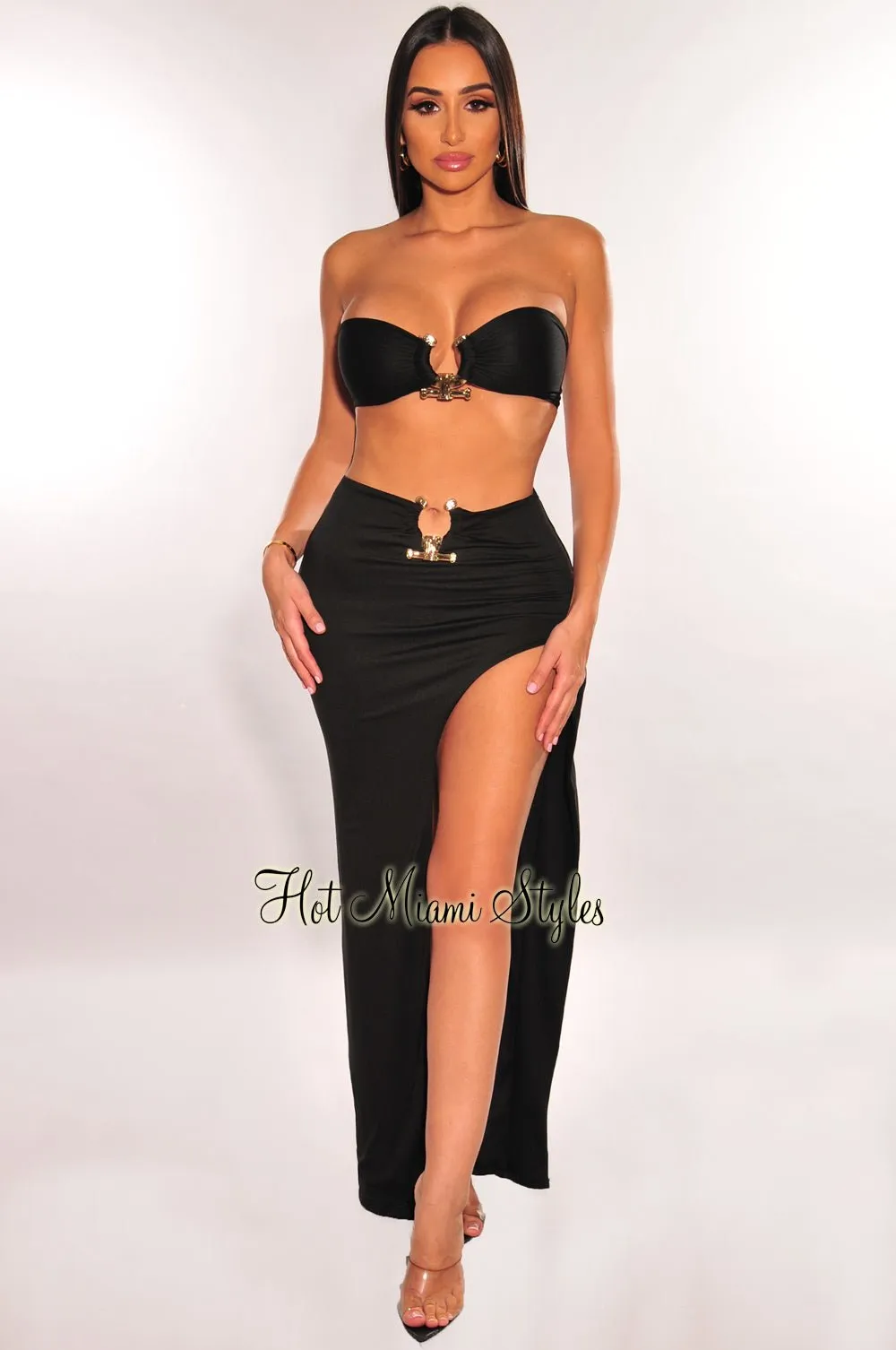 Black Strapless Tie Up Gold Ring Slit Skirt Two Piece Set