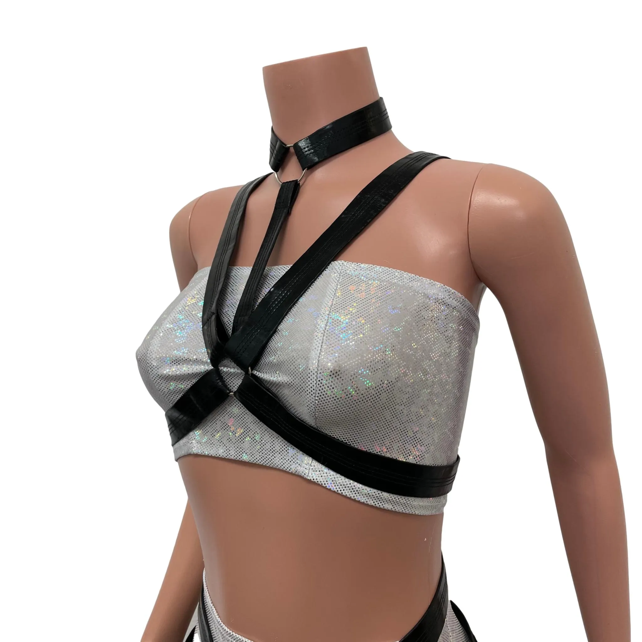 Cage Bra Harness Top in Black Metallic Faux Leather | Rave Body Chest Harness w/ Choker