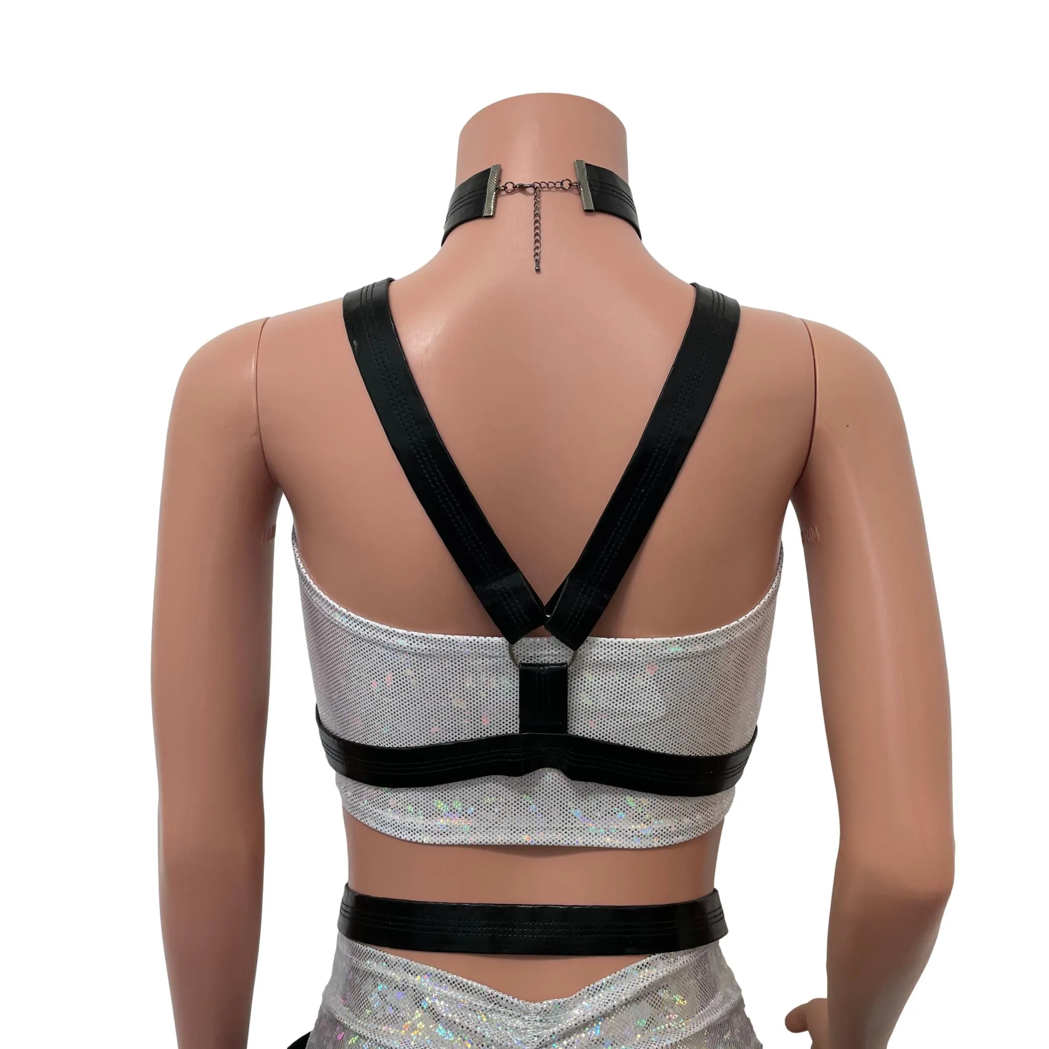 Cage Bra Harness Top in Black Metallic Faux Leather | Rave Body Chest Harness w/ Choker