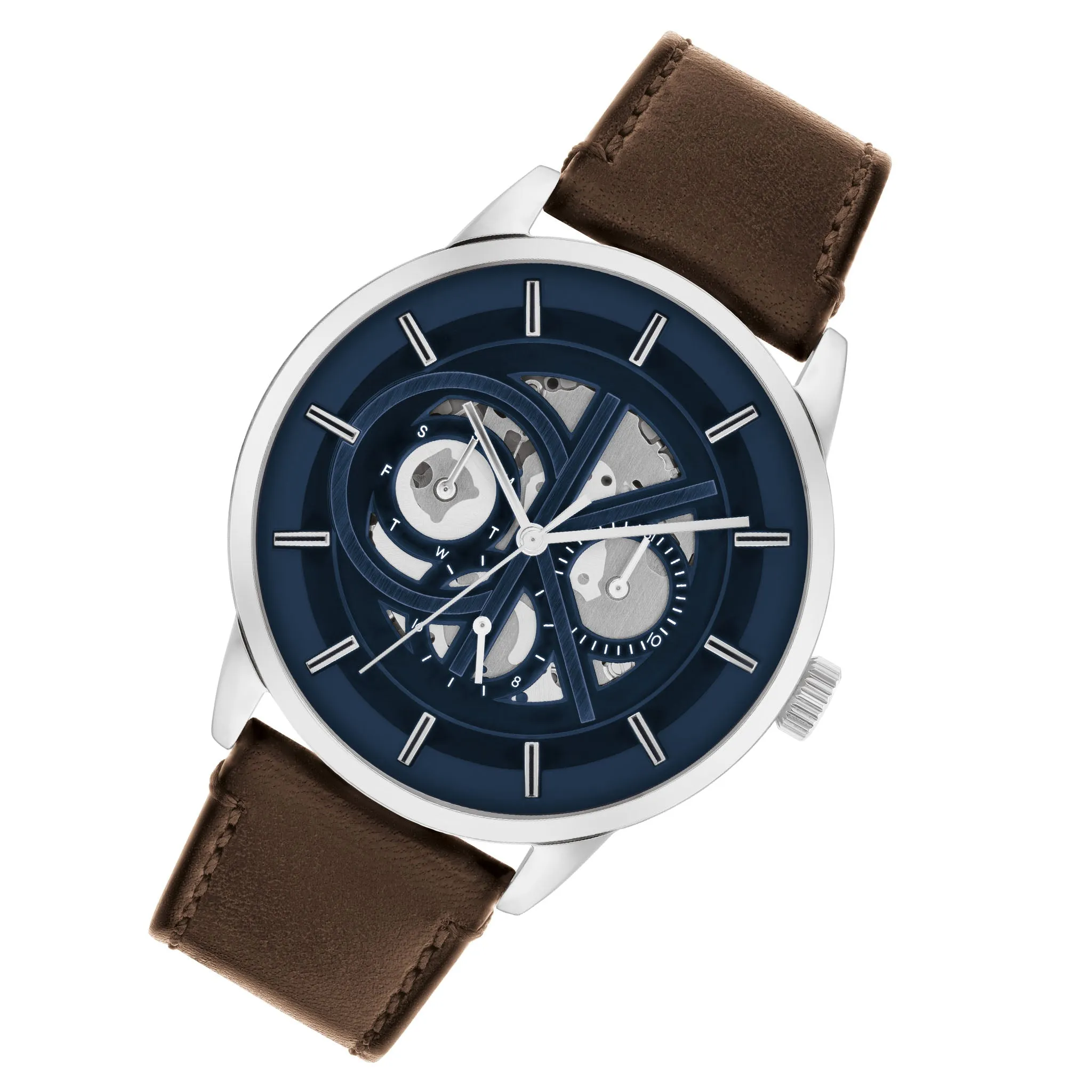 Calvin Klein Brown Leather Blue Dial Multi-function Men's Watch - 25200216