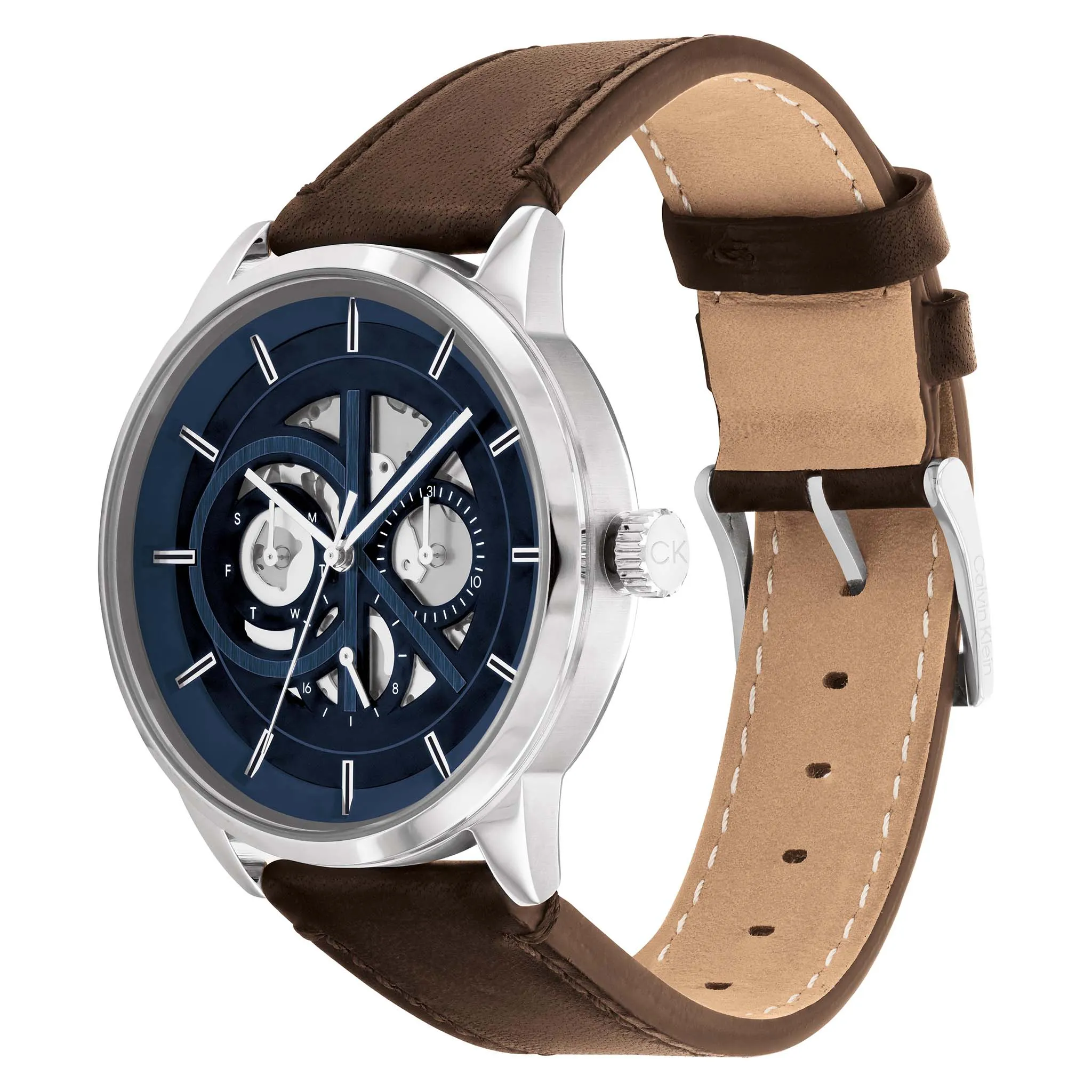 Calvin Klein Brown Leather Blue Dial Multi-function Men's Watch - 25200216