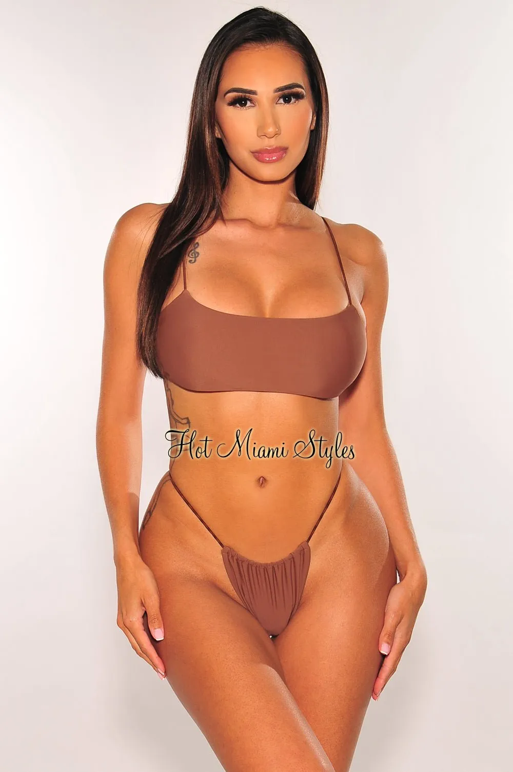 Chocolate Brown Seamless Elastic Straps Bikini