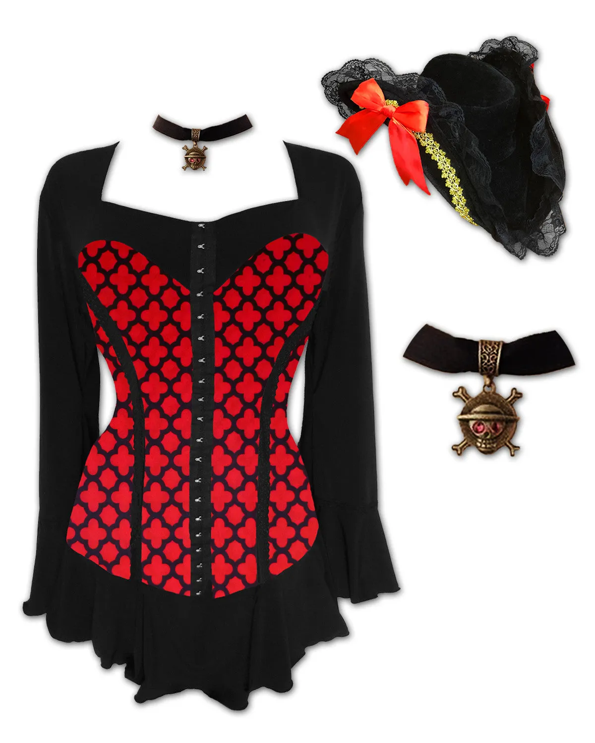 Corsair Pirate Costume with Corsetta Top, Red Queen