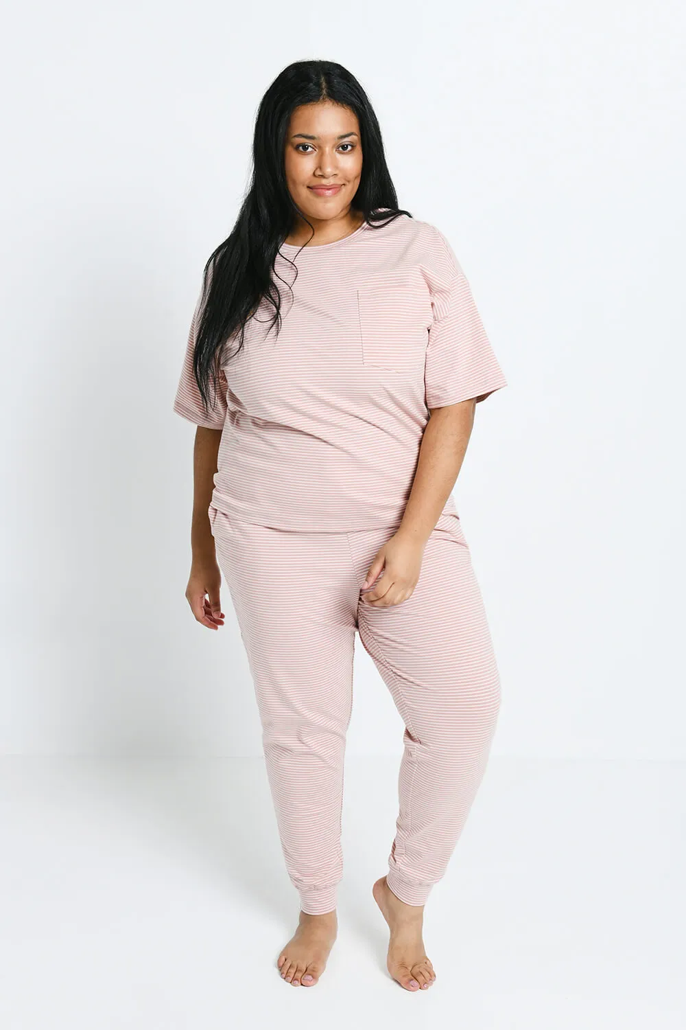 Curve Brushed Cotton Pyjama Set - Dusty Pink Striped