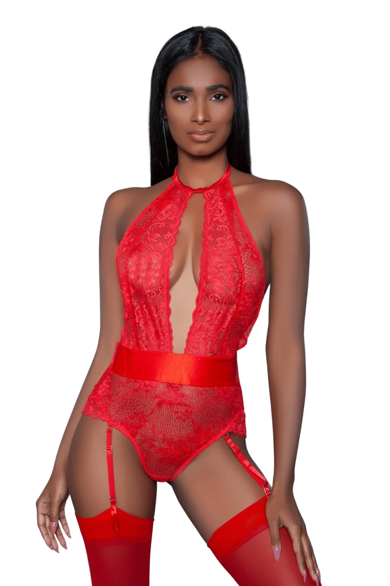 Deep Front Floral Lace Bodysuit