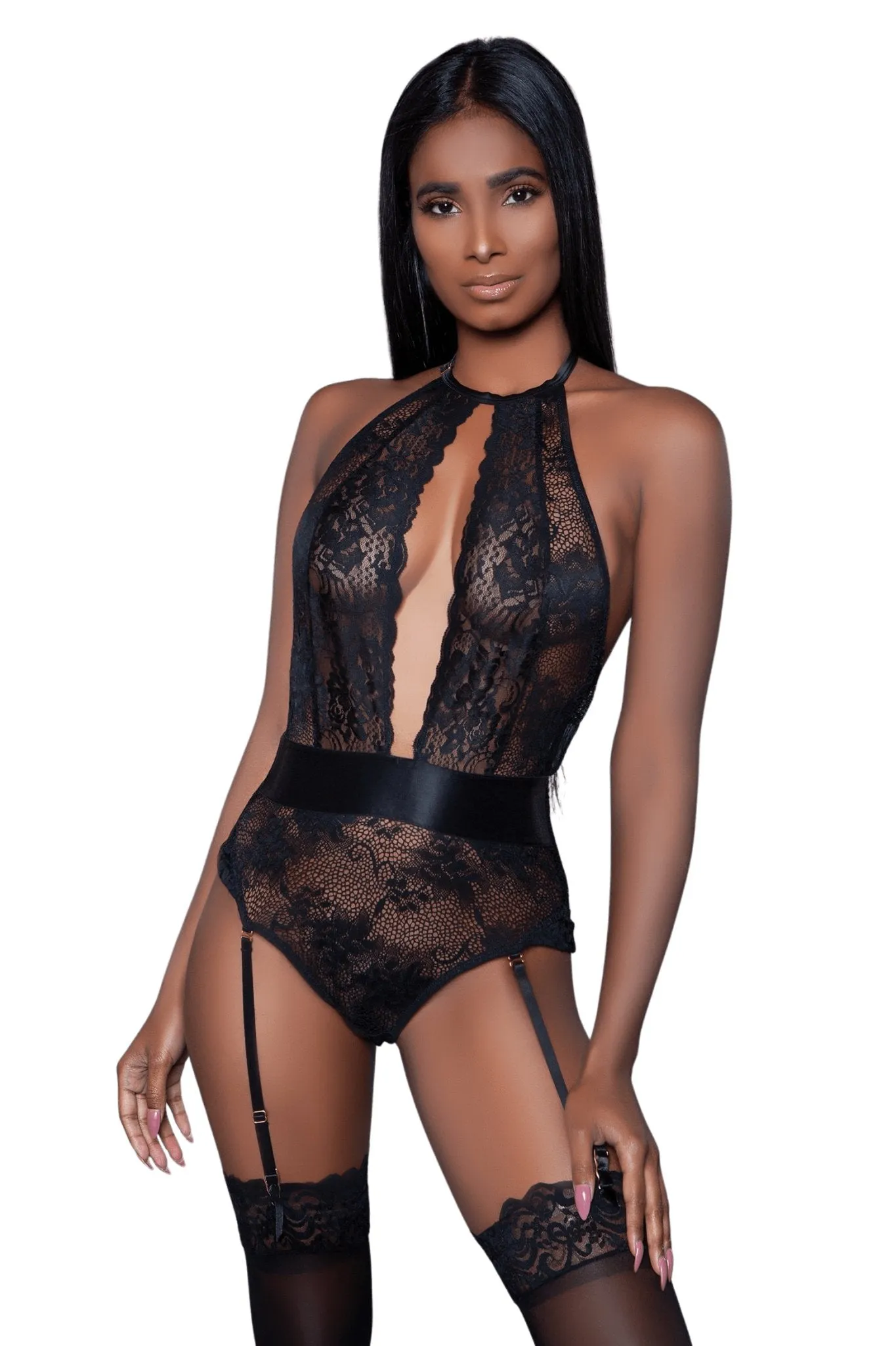 Deep Front Floral Lace Bodysuit