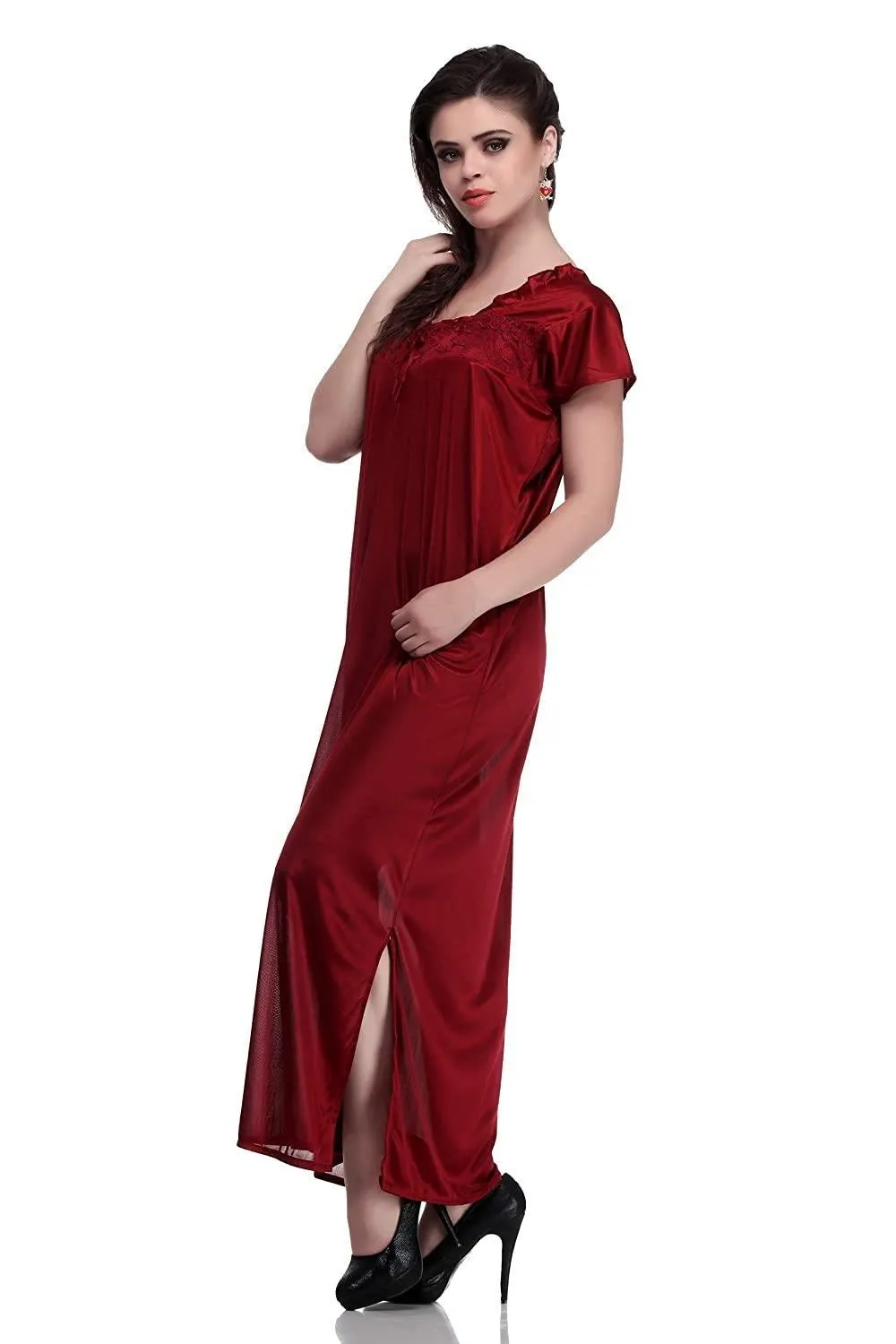 Designer mart women's Satin Nighty (Free Size) Maroon