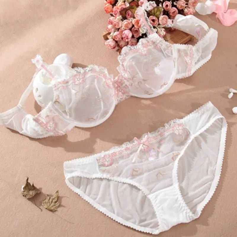 Embroidery Lace Underwear Bra Set with Adjustable Straps & Underwire Support