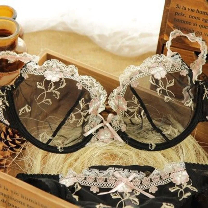 Embroidery Lace Underwear Bra Set with Adjustable Straps & Underwire Support