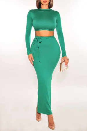 Emerald Long Sleeve Mock Neck Braided Belt Vent Slit Skirt Two Piece Set