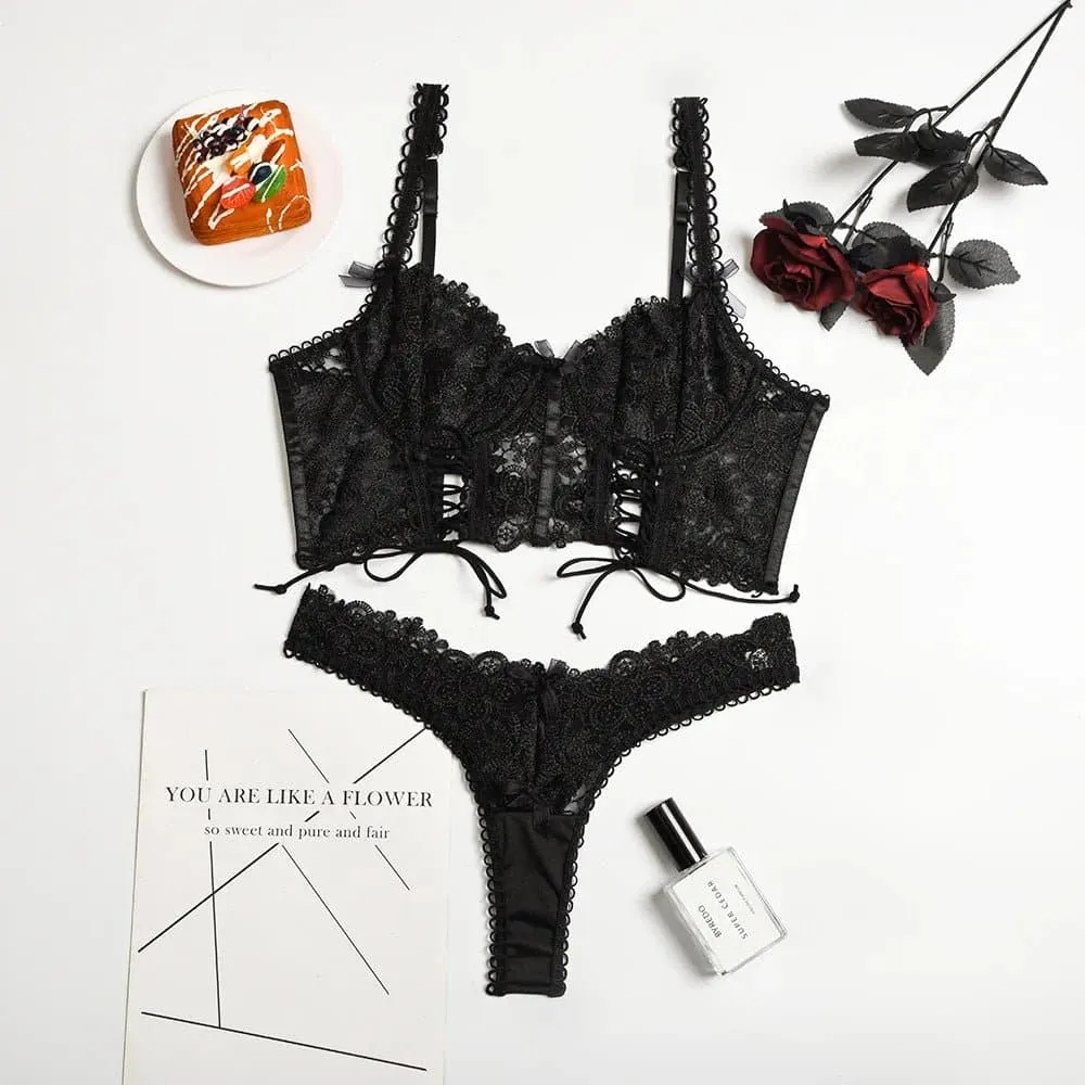 Erotic Lace Up Lingerie Set - Seductive Floral Design & Underwire Support