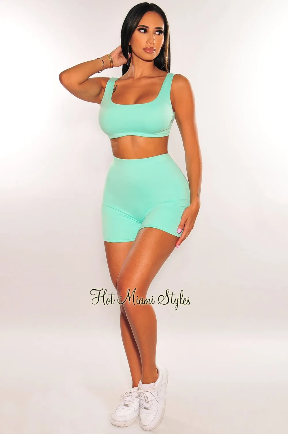 HMS Essential: Mint Crop Top Biker Shorts Two Piece Set