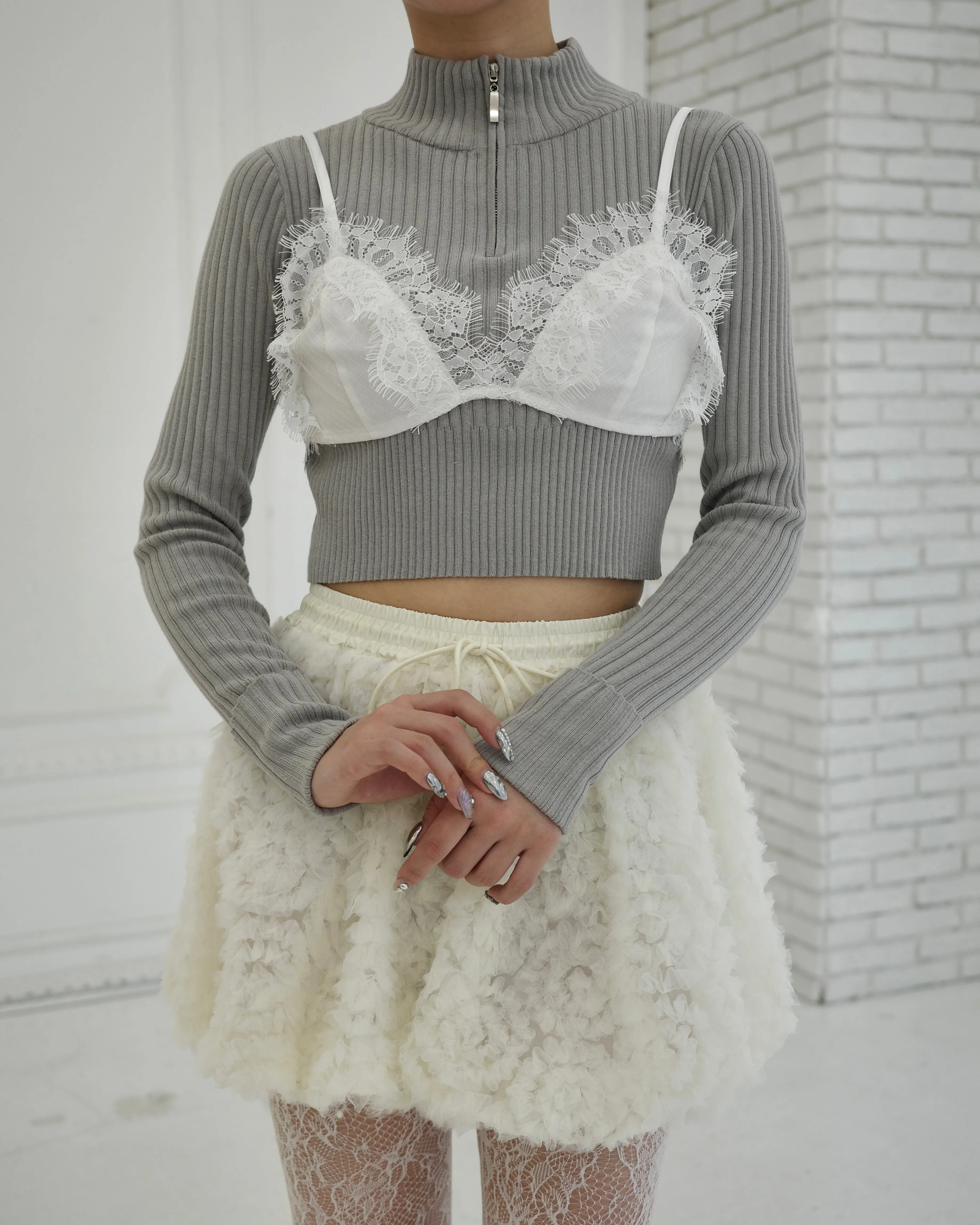 Lace lingerie half-zip knit