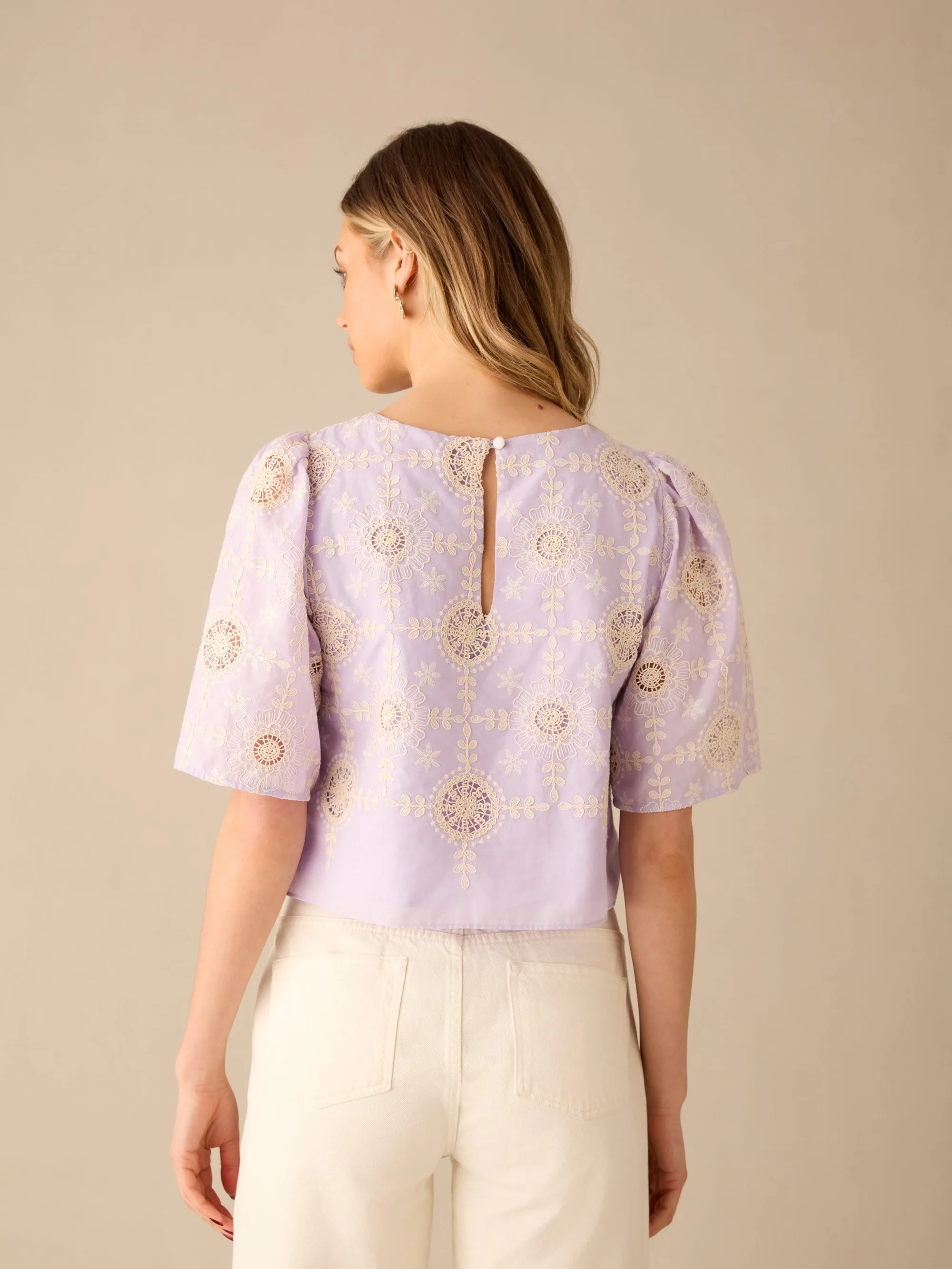 Lilac Broderie Short Sleeve Top