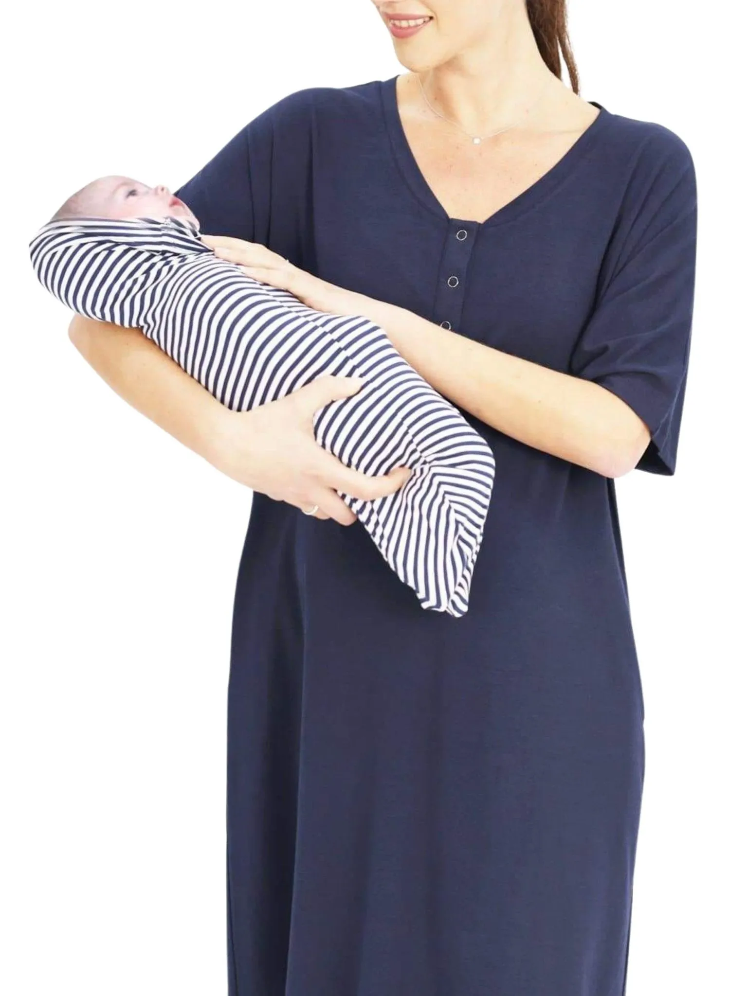 Maternity & Nursing Home Dress   Matching Baby Wrap (Knee Length) - Navy