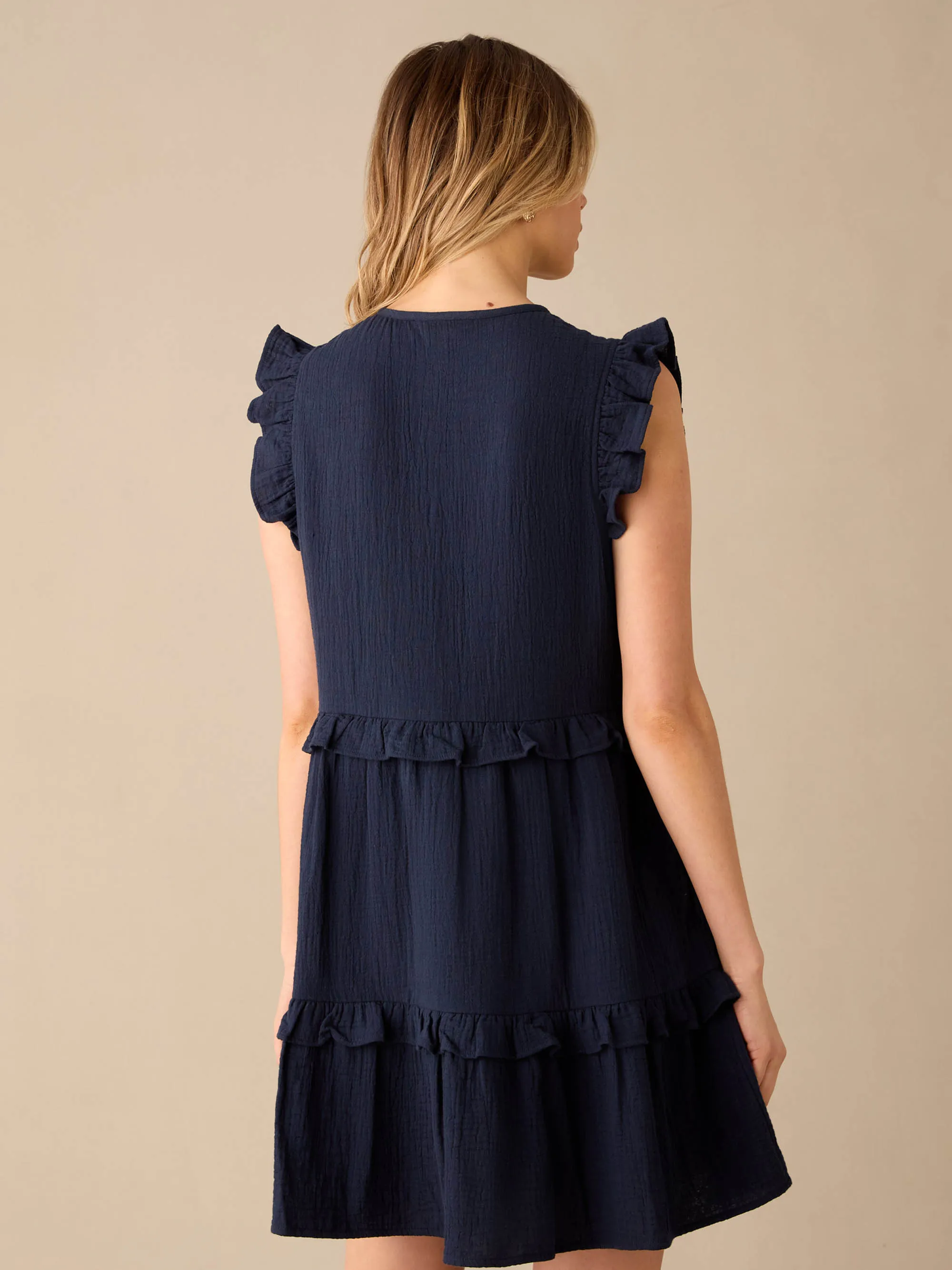 Navy Frill Detail Cheesecloth Dress