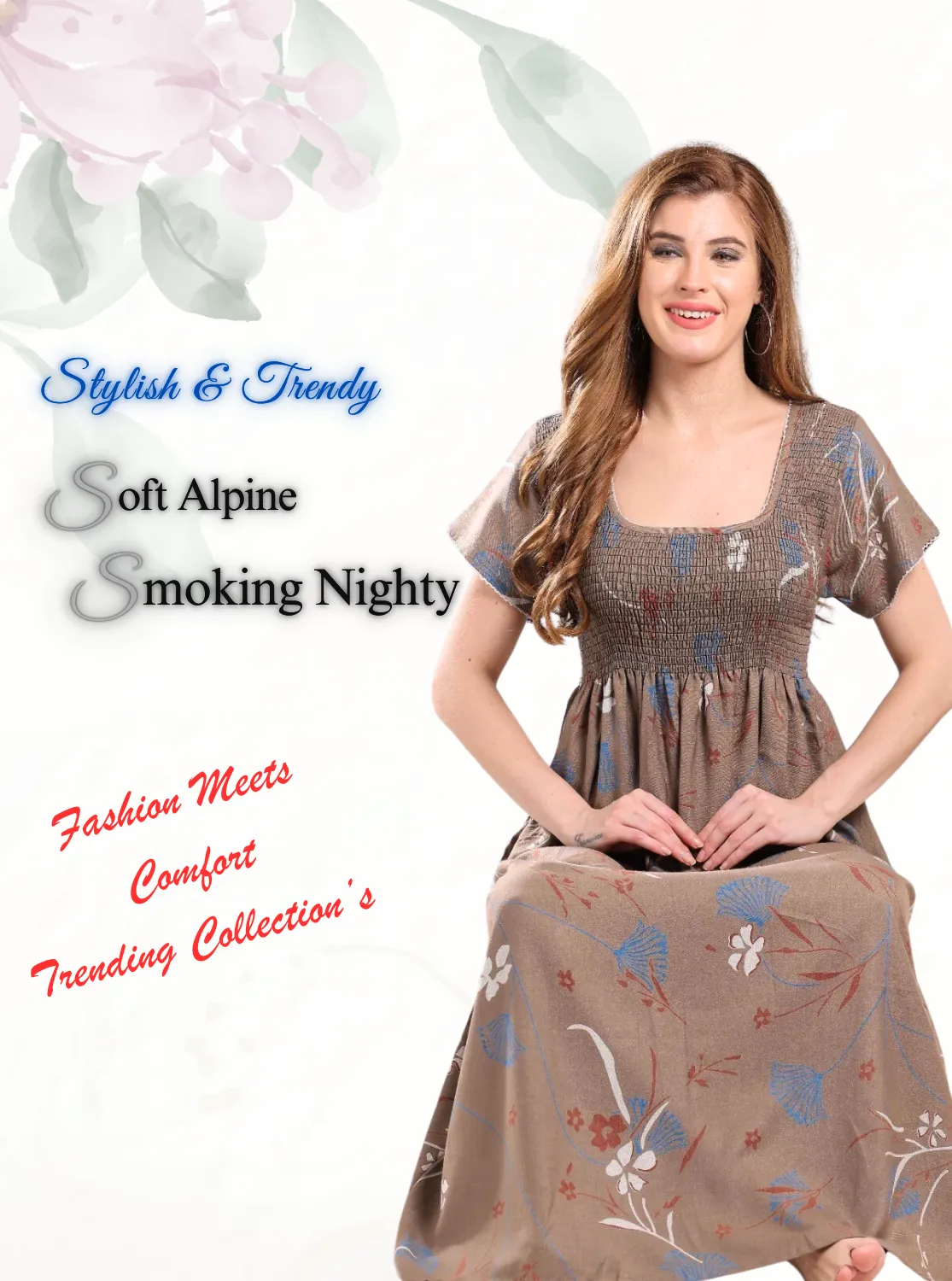 New Arrivals ONLY MINE Premium ALPINE Smokey Nighty | Beautiful Pleated Design | Side Pocket | Stylish Nighty for Trendy Women's | Your Perfect Nightwear Collection's (ALS)