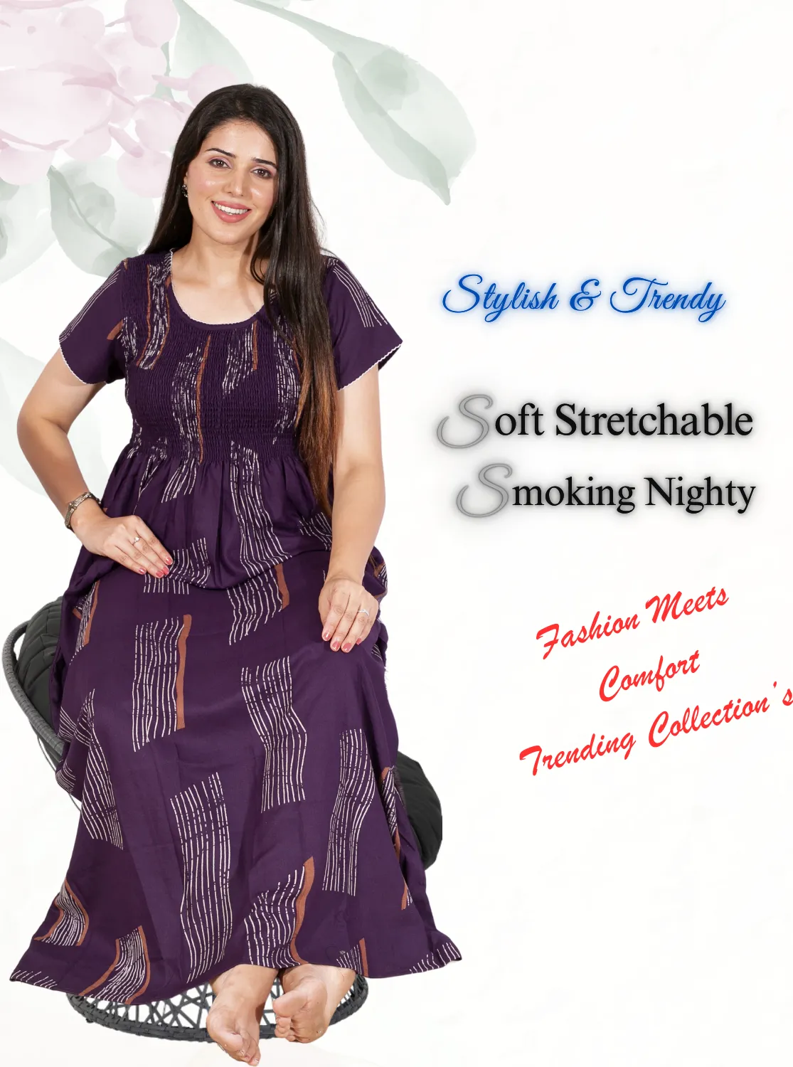 New Arrivals ONLY MINE Premium ALPINE Smokey Nighty | Beautiful Pleated Design | Side Pocket | Stylish Nighty for Trendy Women's | Your Perfect Nightwear Collection's (ALS)