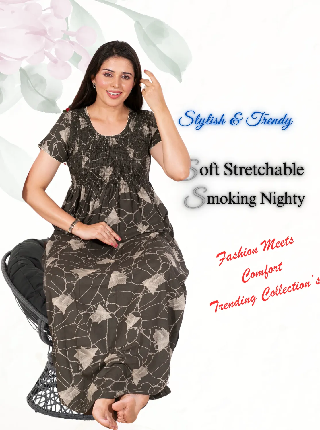 New Arrivals ONLY MINE Premium ALPINE Smokey Nighty | Beautiful Pleated Design | Side Pocket | Stylish Nighty for Trendy Women's | Your Perfect Nightwear Collection's (ALS)