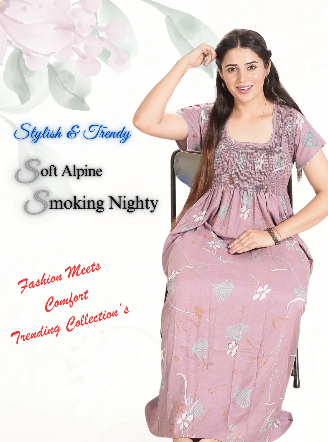 New Arrivals ONLY MINE Premium ALPINE Smokey Nighty | Beautiful Pleated Design | Side Pocket | Stylish Nighty for Trendy Women's | Your Perfect Nightwear Collection's (ALS)