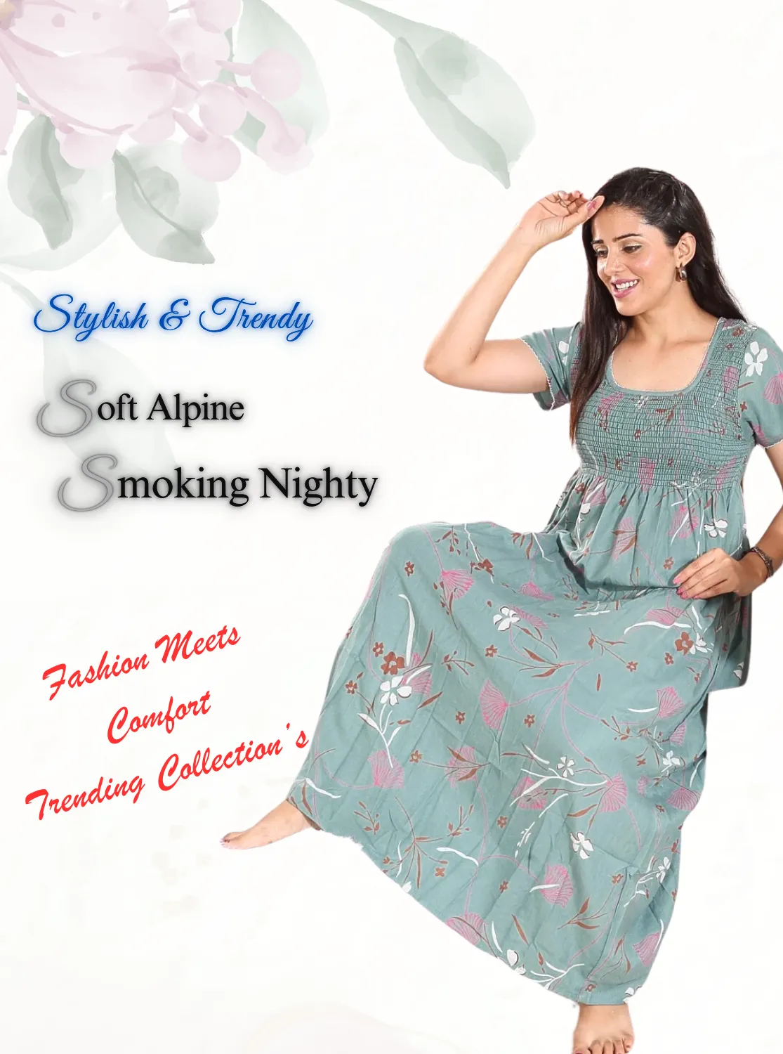 New Arrivals ONLY MINE Premium ALPINE Smokey Nighty | Beautiful Pleated Design | Side Pocket | Stylish Nighty for Trendy Women's | Your Perfect Nightwear Collection's (ALS)