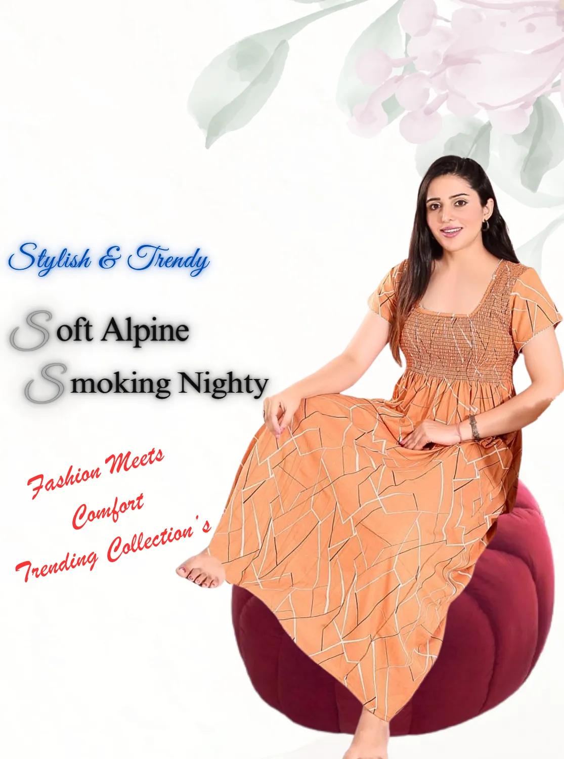 New Arrivals ONLY MINE Premium ALPINE Smokey Nighty | Beautiful Pleated Design | Side Pocket | Stylish Nighty for Trendy Women's | Your Perfect Nightwear Collection's (ALS)