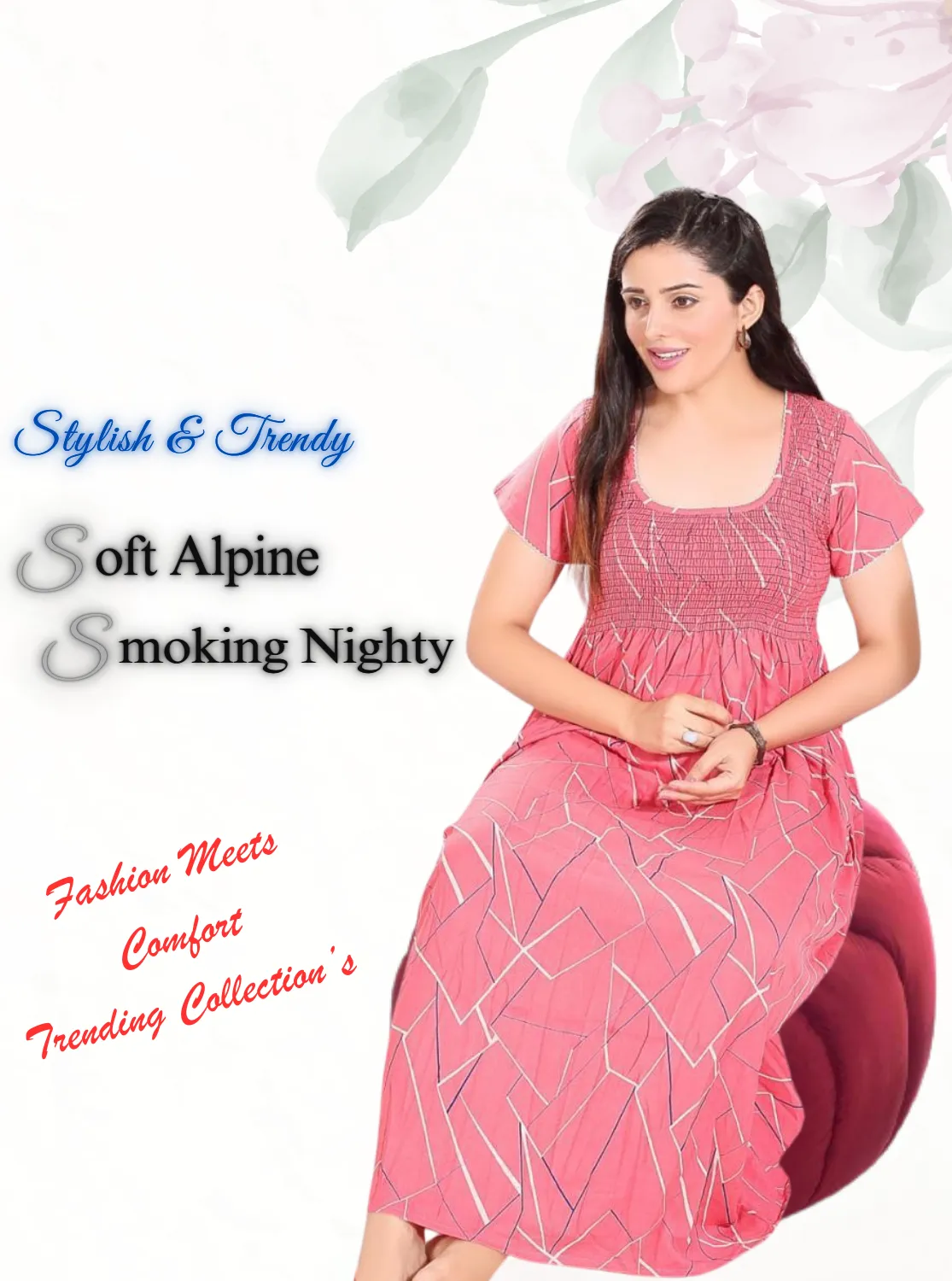 New Arrivals ONLY MINE Premium ALPINE Smokey Nighty | Beautiful Pleated Design | Side Pocket | Stylish Nighty for Trendy Women's | Your Perfect Nightwear Collection's (ALS)