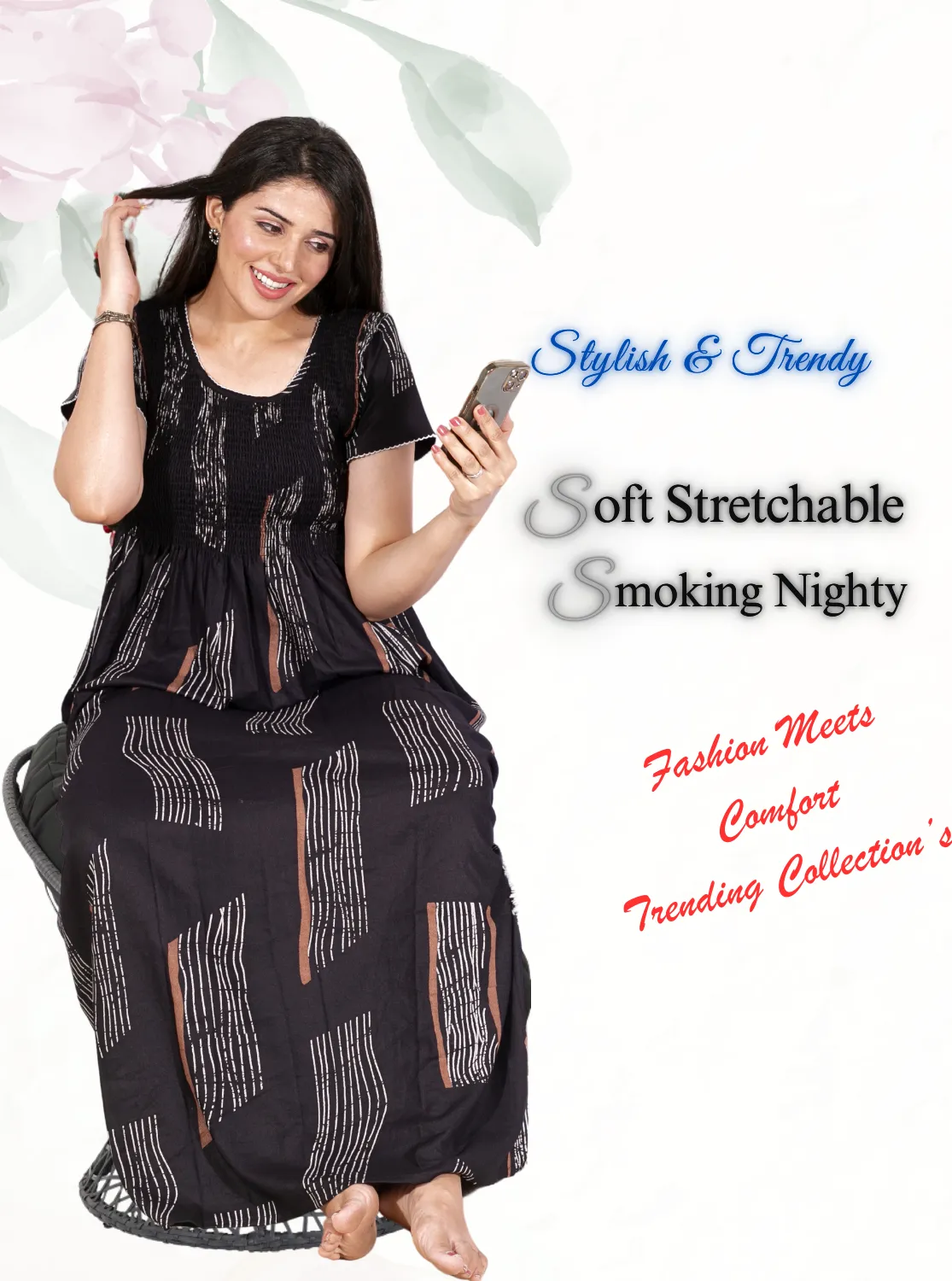 New Arrivals ONLY MINE Premium ALPINE Smokey Nighty | Beautiful Pleated Design | Side Pocket | Stylish Nighty for Trendy Women's | Your Perfect Nightwear Collection's (ALS)