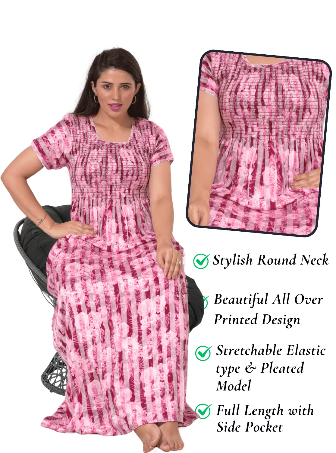 New Arrivals ONLY MINE Premium RAYON Smokey Nighty | Beautiful Pleated Design | Side Pocket | Stylish Nighty for Trendy Women's | Your Perfect Nightwear Collection's (RYS)