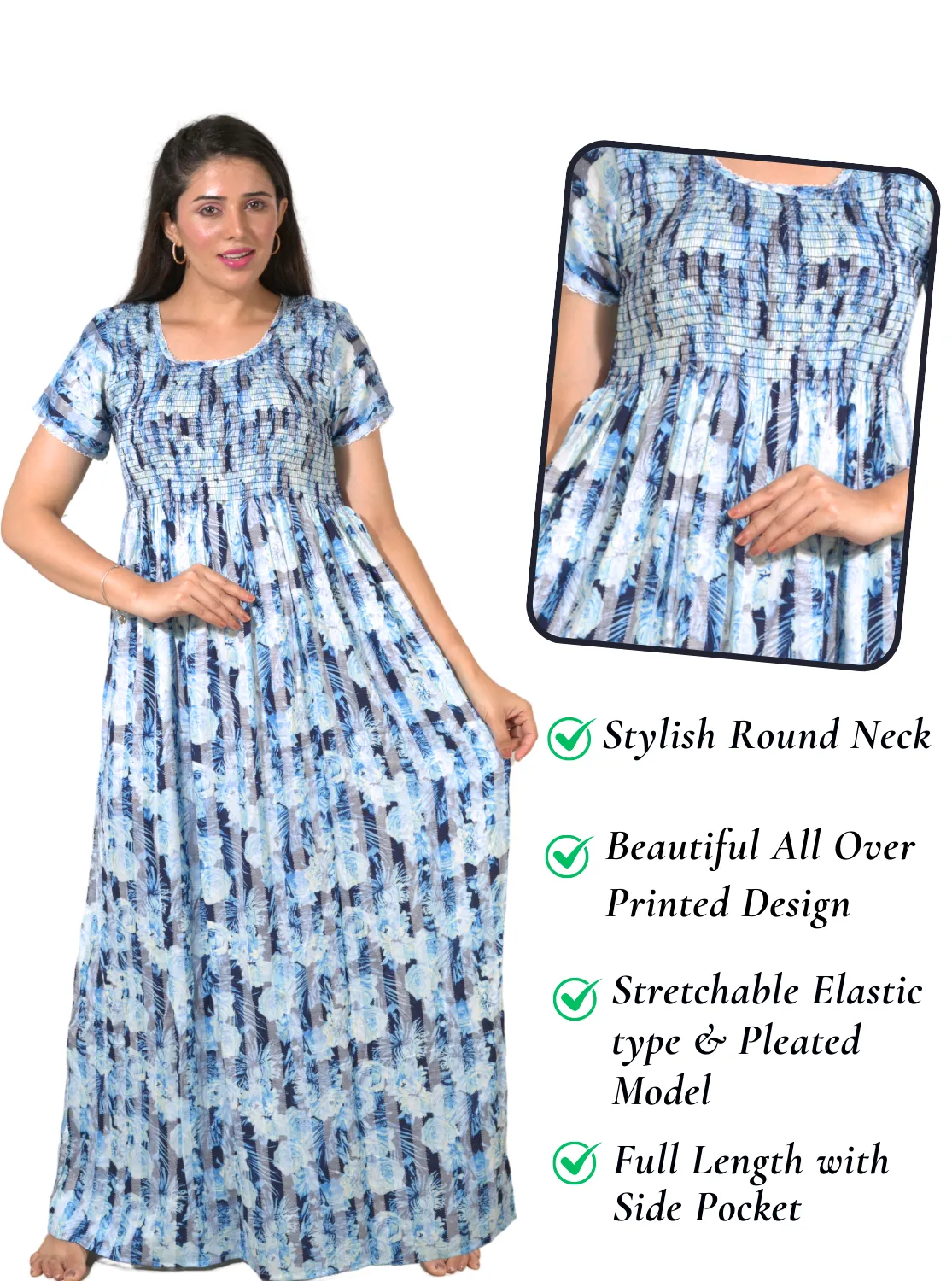 New Arrivals ONLY MINE Premium RAYON Smokey Nighty | Beautiful Pleated Design | Side Pocket | Stylish Nighty for Trendy Women's | Your Perfect Nightwear Collection's (RYS)