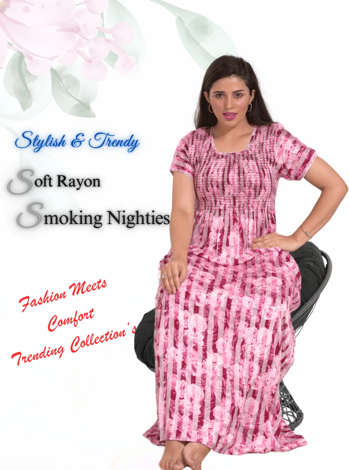 New Arrivals ONLY MINE Premium RAYON Smokey Nighty | Beautiful Pleated Design | Side Pocket | Stylish Nighty for Trendy Women's | Your Perfect Nightwear Collection's (RYS)