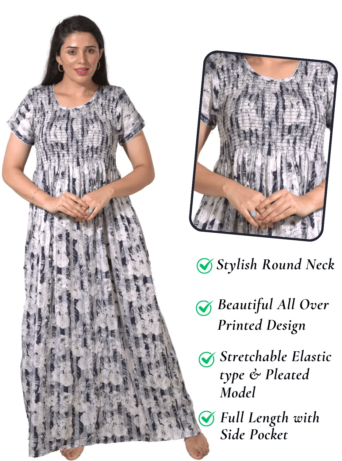 New Arrivals ONLY MINE Premium RAYON Smokey Nighty | Beautiful Pleated Design | Side Pocket | Stylish Nighty for Trendy Women's | Your Perfect Nightwear Collection's (RYS)