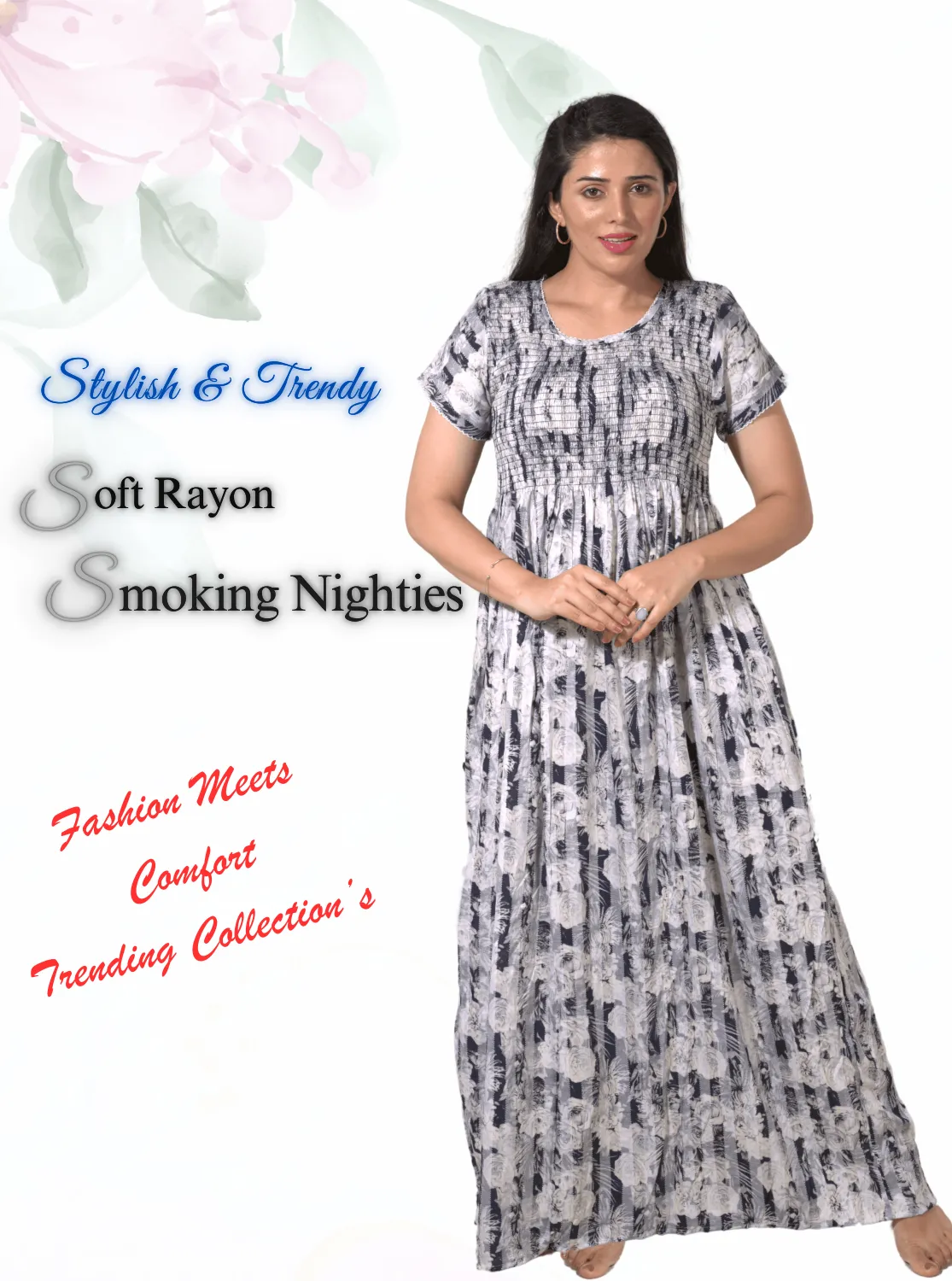 New Arrivals ONLY MINE Premium RAYON Smokey Nighty | Beautiful Pleated Design | Side Pocket | Stylish Nighty for Trendy Women's | Your Perfect Nightwear Collection's (RYS)