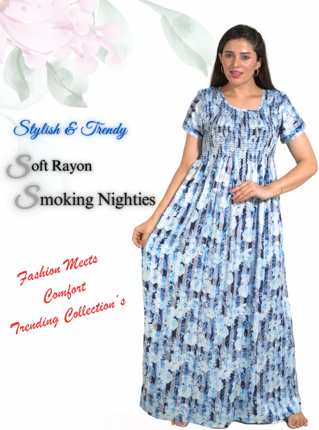 New Arrivals ONLY MINE Premium RAYON Smokey Nighty | Beautiful Pleated Design | Side Pocket | Stylish Nighty for Trendy Women's | Your Perfect Nightwear Collection's (RYS)