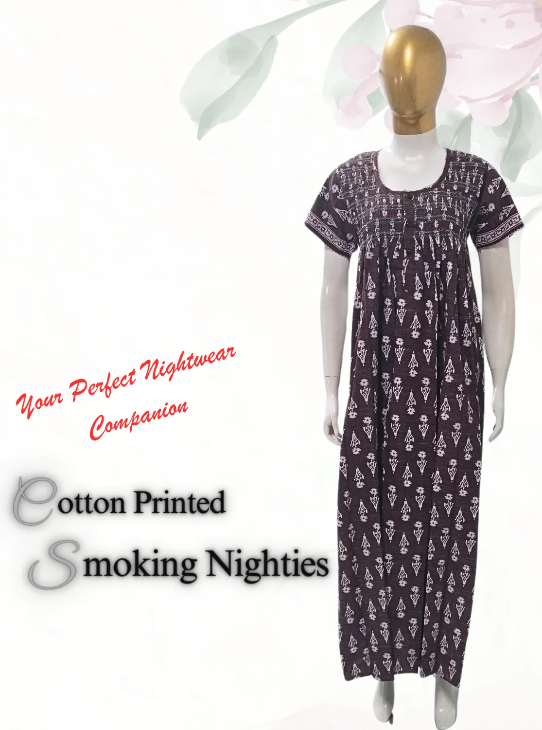 New MANGAI Premium COTTON Printed Smokey Nighty | Beautiful Pleated Design | Side Pocket | Stylish Nighty for Trendy Women's | Your Perfect Nightwear Collection's (MPL)