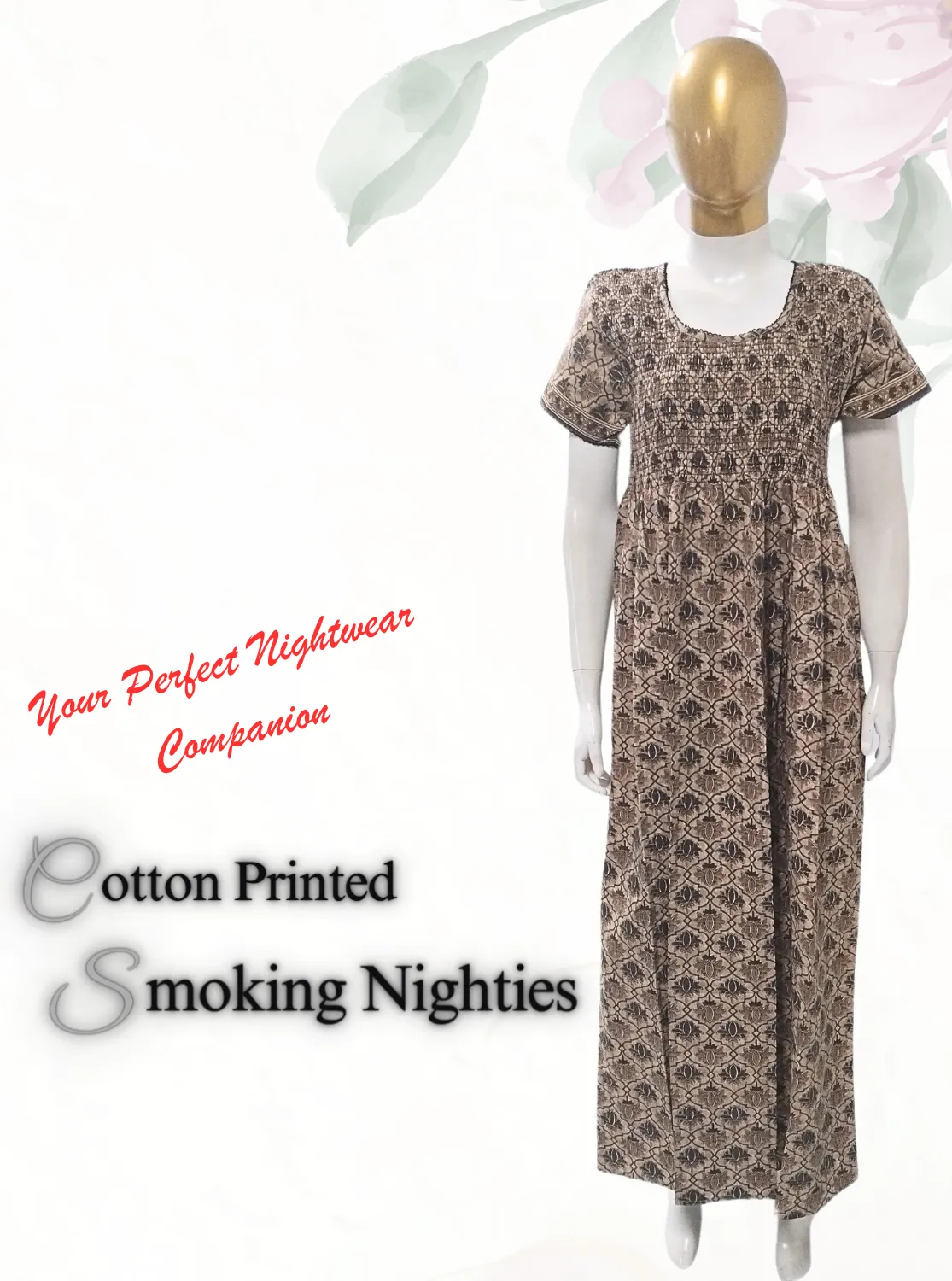 New MANGAI Premium COTTON Printed Smokey Nighty | Beautiful Pleated Design | Side Pocket | Stylish Nighty for Trendy Women's | Your Perfect Nightwear Collection's (MPL)