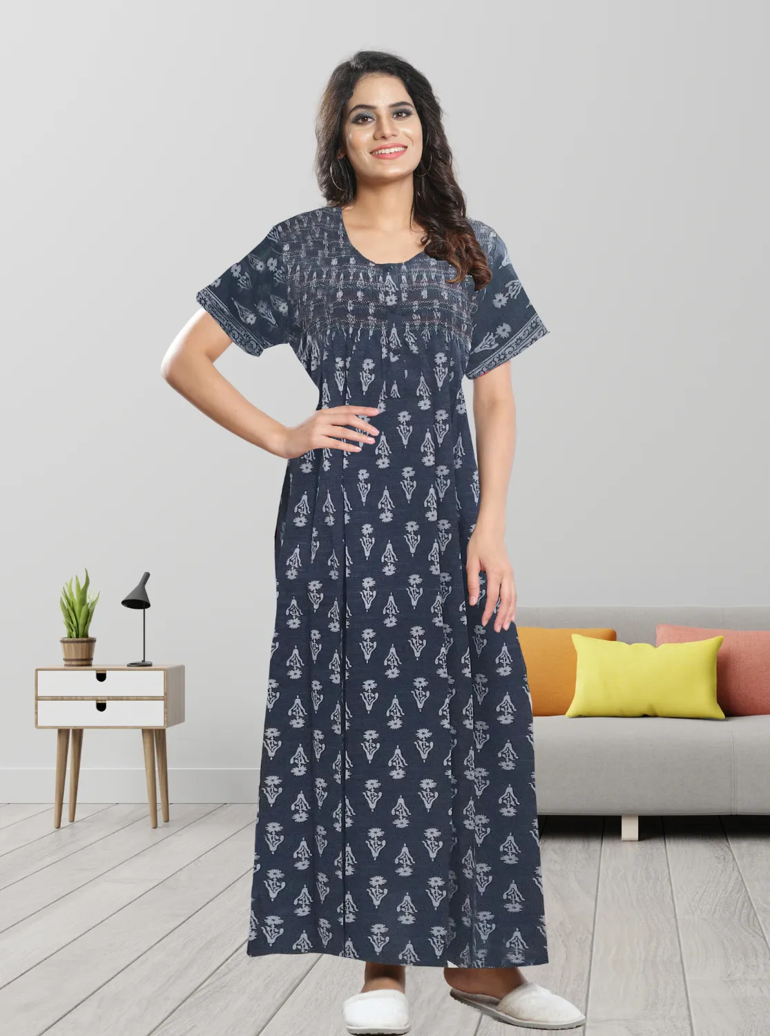 New MANGAI Premium COTTON Printed Smokey Nighty | Beautiful Pleated Design | Side Pocket | Stylish Nighty for Trendy Women's | Your Perfect Nightwear Collection's (MPL)