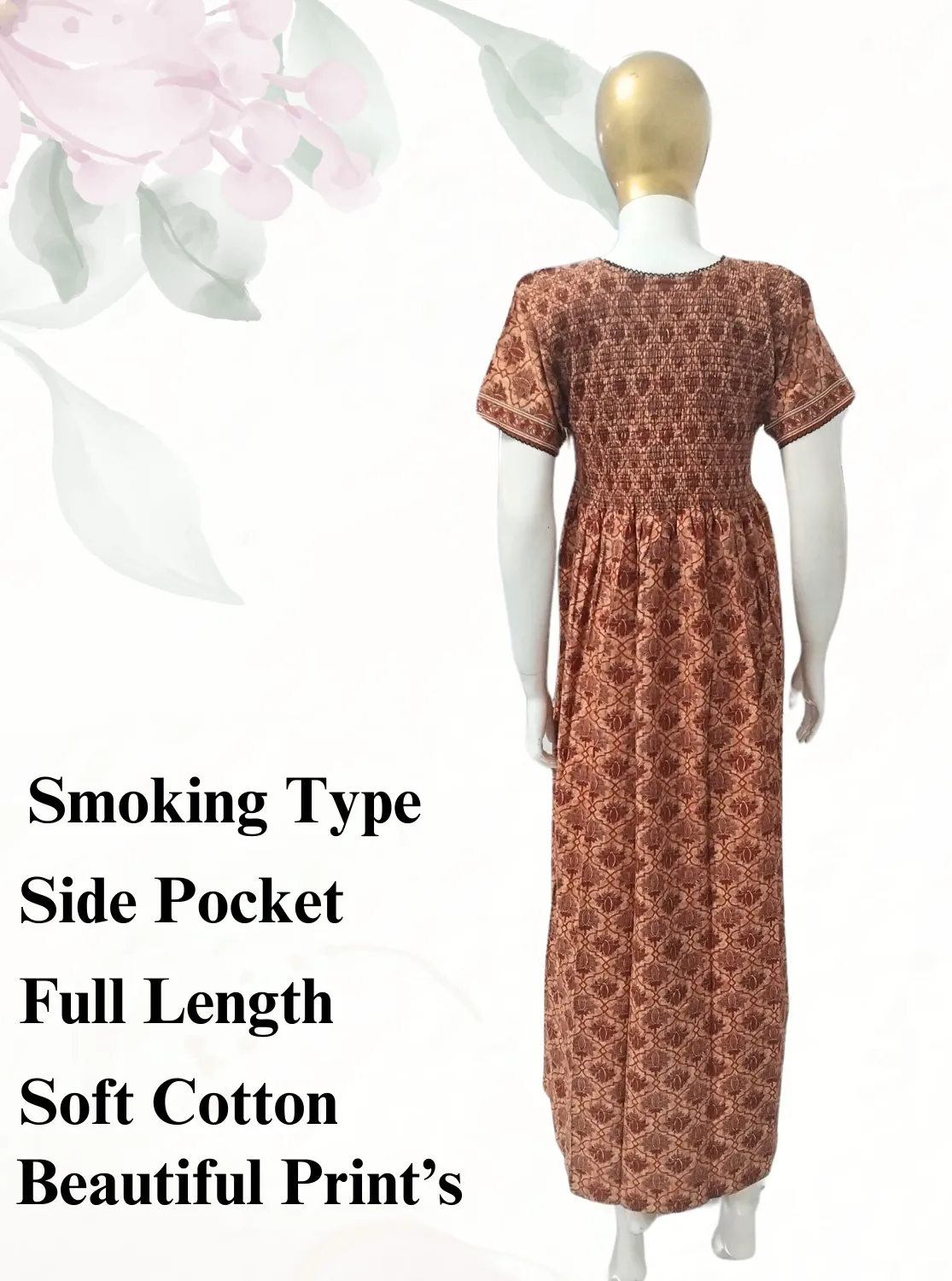 New MANGAI Premium COTTON Printed Smokey Nighty | Beautiful Pleated Design | Side Pocket | Stylish Nighty for Trendy Women's | Your Perfect Nightwear Collection's (MPL)