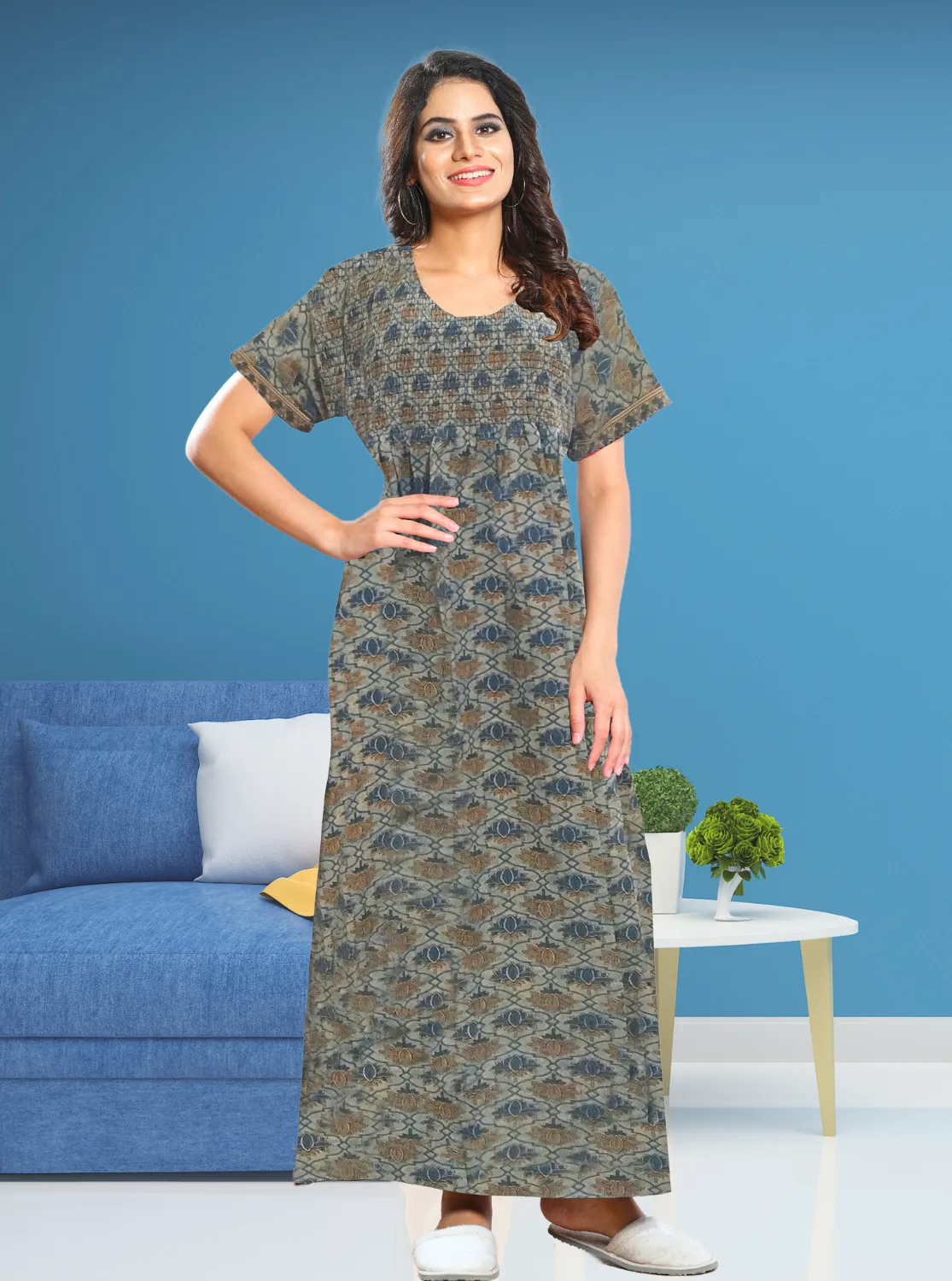 New MANGAI Premium COTTON Printed Smokey Nighty | Beautiful Pleated Design | Side Pocket | Stylish Nighty for Trendy Women's | Your Perfect Nightwear Collection's (MPL)