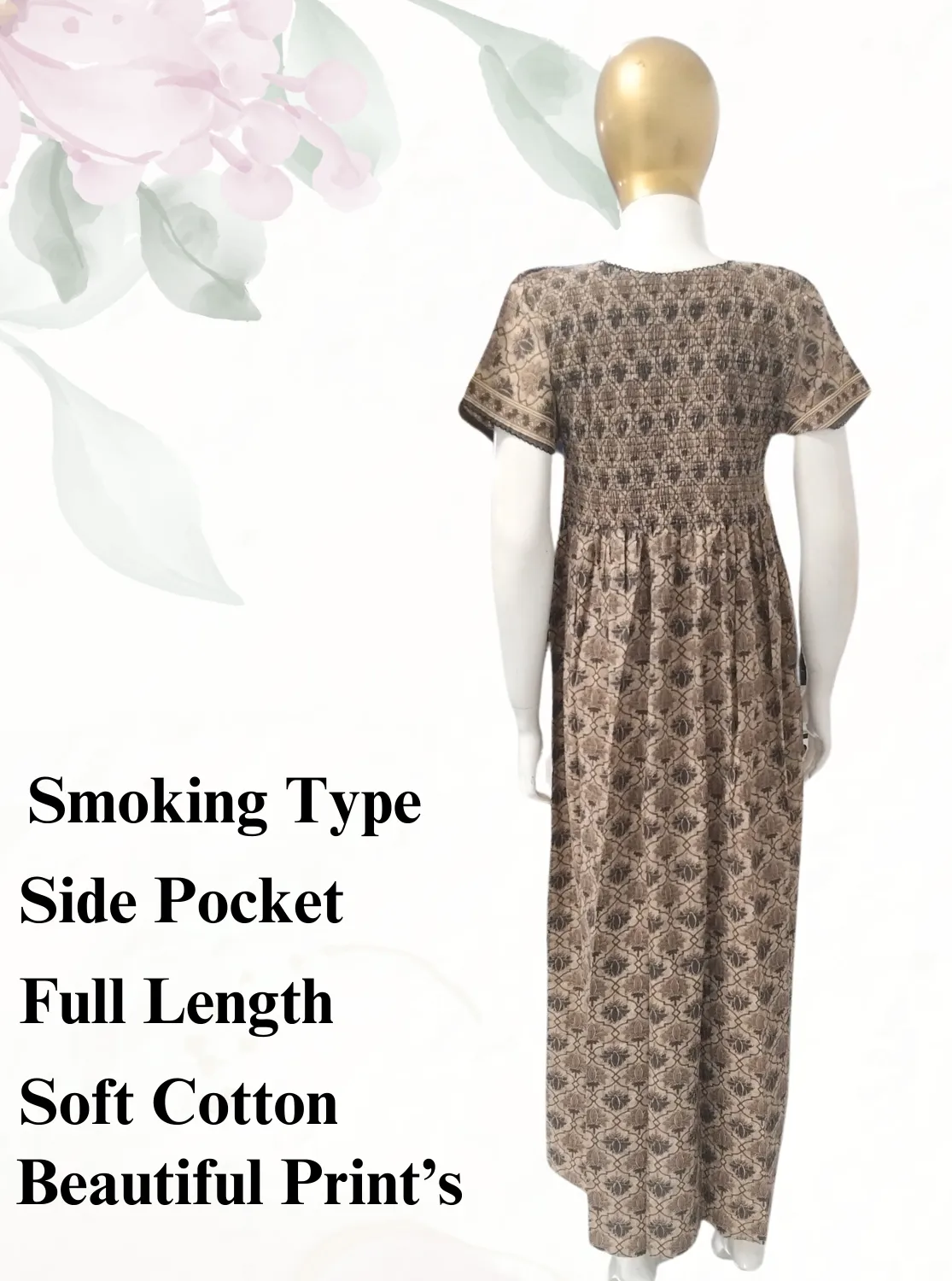 New MANGAI Premium COTTON Printed Smokey Nighty | Beautiful Pleated Design | Side Pocket | Stylish Nighty for Trendy Women's | Your Perfect Nightwear Collection's (MPL)