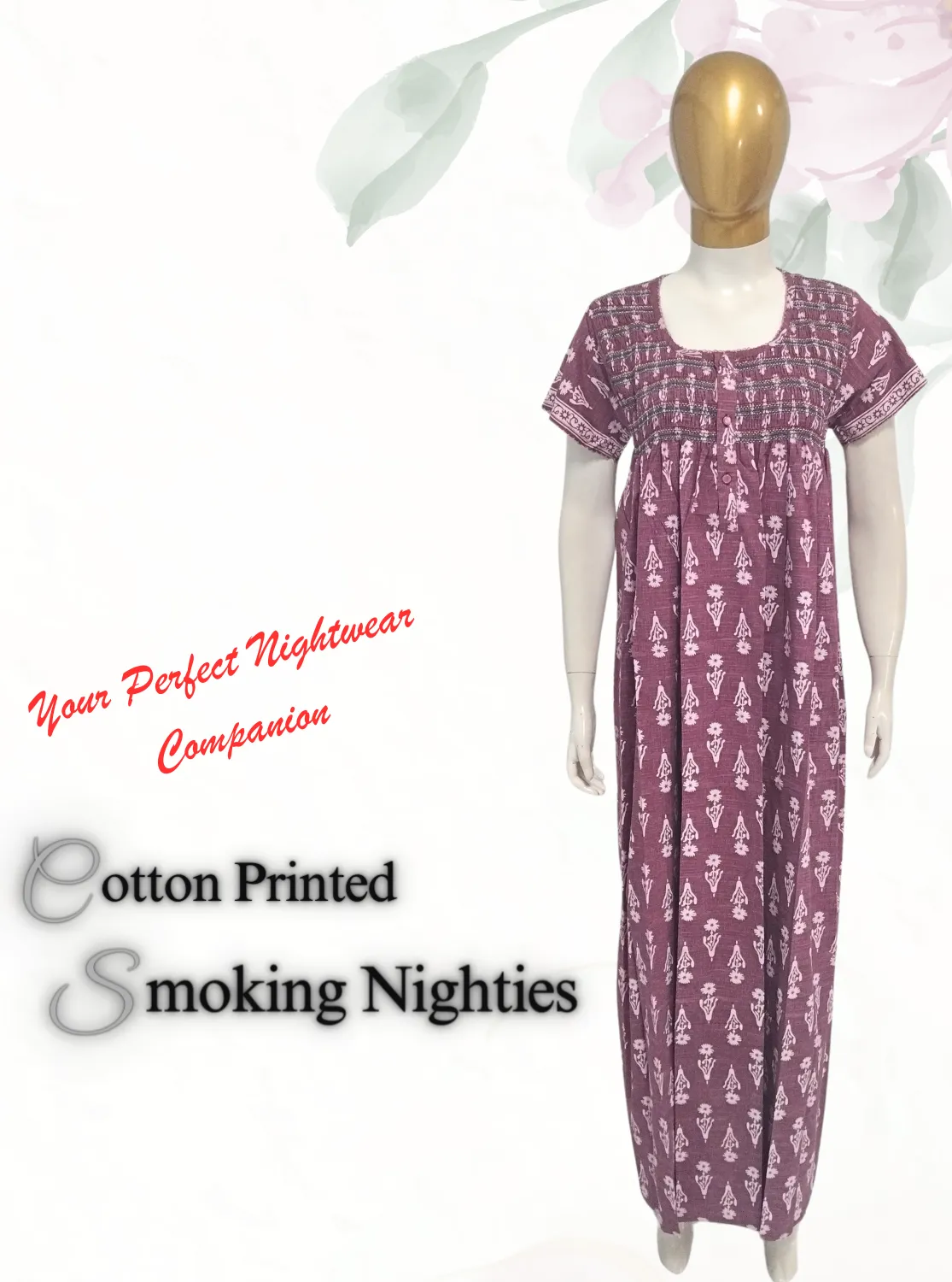 New MANGAI Premium COTTON Printed Smokey Nighty | Beautiful Pleated Design | Side Pocket | Stylish Nighty for Trendy Women's | Your Perfect Nightwear Collection's (MPL)