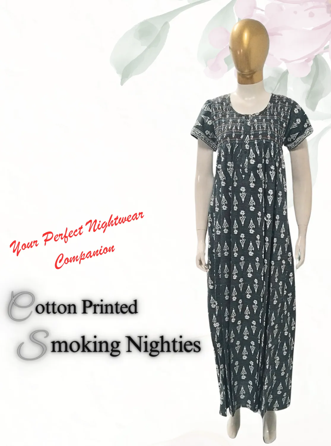 New MANGAI Premium COTTON Printed Smokey Nighty | Beautiful Pleated Design | Side Pocket | Stylish Nighty for Trendy Women's | Your Perfect Nightwear Collection's (MPL)