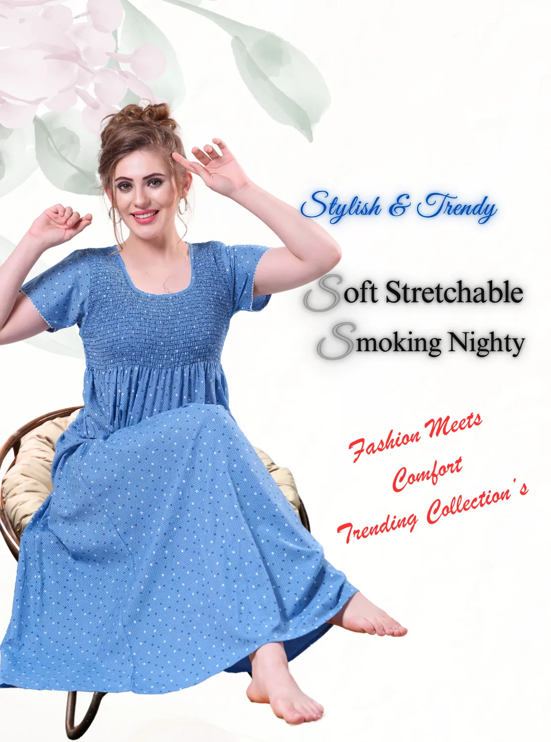 ONLY MINE Premium Smokey Nighty | Stretchable Elastic Type | Beautiful Pleated Model | Side Pocket | Stylish Nighty for Stylish Women's (OM-RAH)