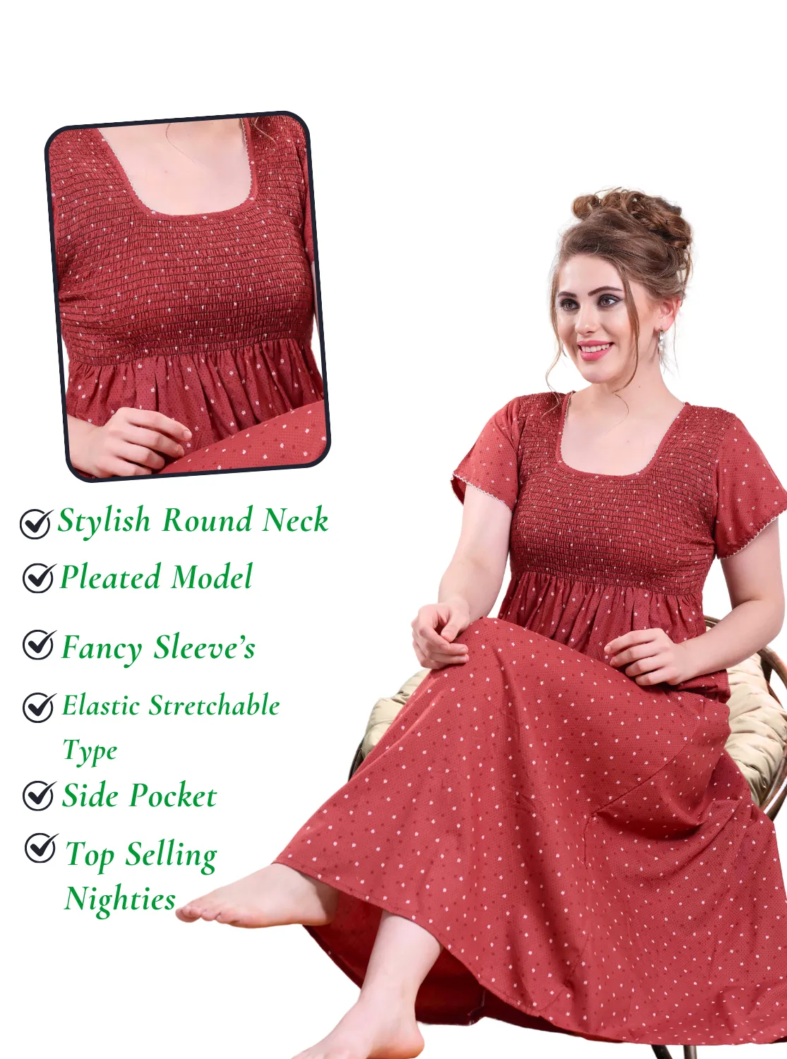 ONLY MINE Premium Smokey Nighty | Stretchable Elastic Type | Beautiful Pleated Model | Side Pocket | Stylish Nighty for Stylish Women's (OM-RAH)