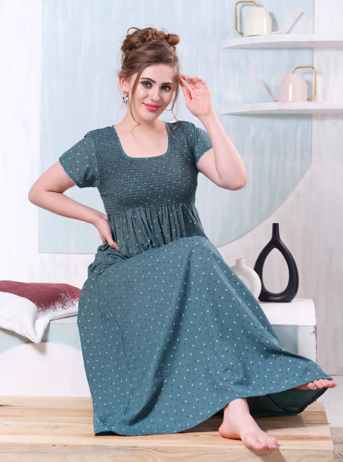 ONLY MINE Premium Smokey Nighty | Stretchable Elastic Type | Beautiful Pleated Model | Side Pocket | Stylish Nighty for Stylish Women's (OM-RAH)