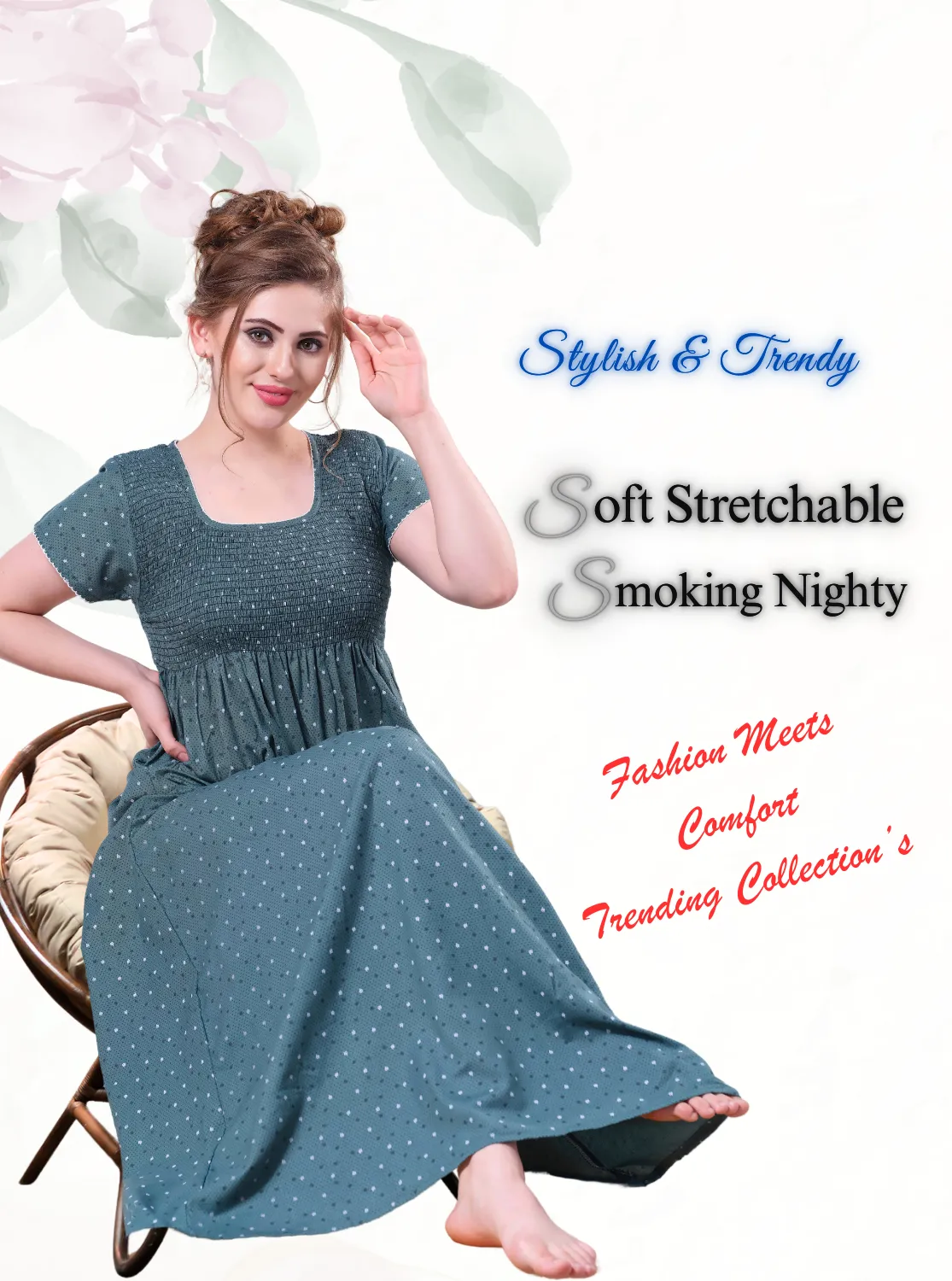 ONLY MINE Premium Smokey Nighty | Stretchable Elastic Type | Beautiful Pleated Model | Side Pocket | Stylish Nighty for Stylish Women's (OM-RAH)