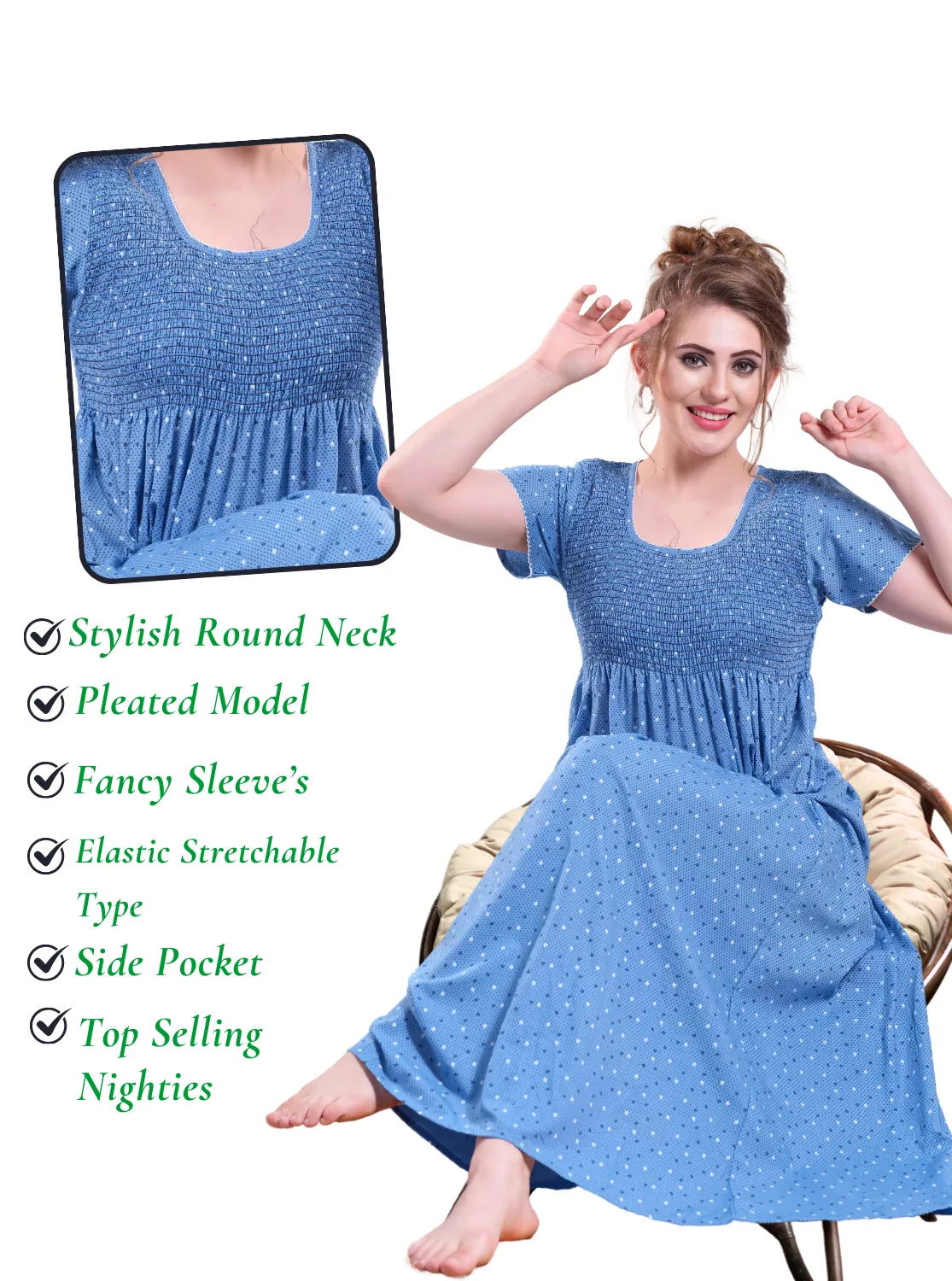 ONLY MINE Premium Smokey Nighty | Stretchable Elastic Type | Beautiful Pleated Model | Side Pocket | Stylish Nighty for Stylish Women's (OM-RAH)