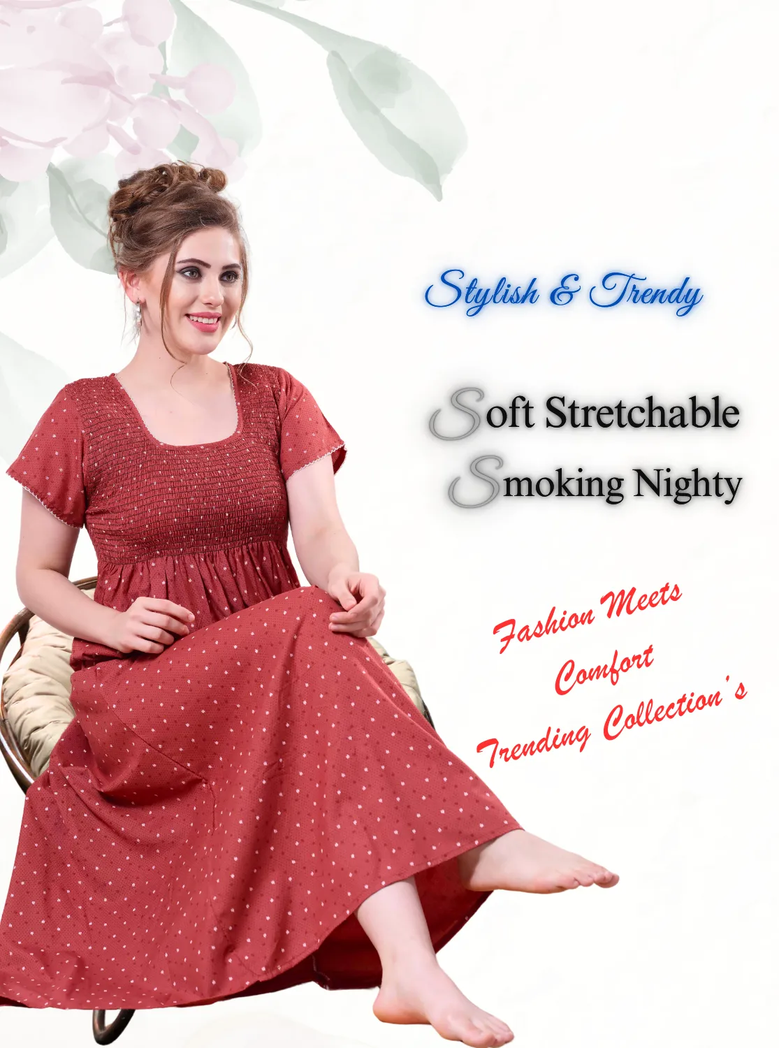 ONLY MINE Premium Smokey Nighty | Stretchable Elastic Type | Beautiful Pleated Model | Side Pocket | Stylish Nighty for Stylish Women's (OM-RAH)