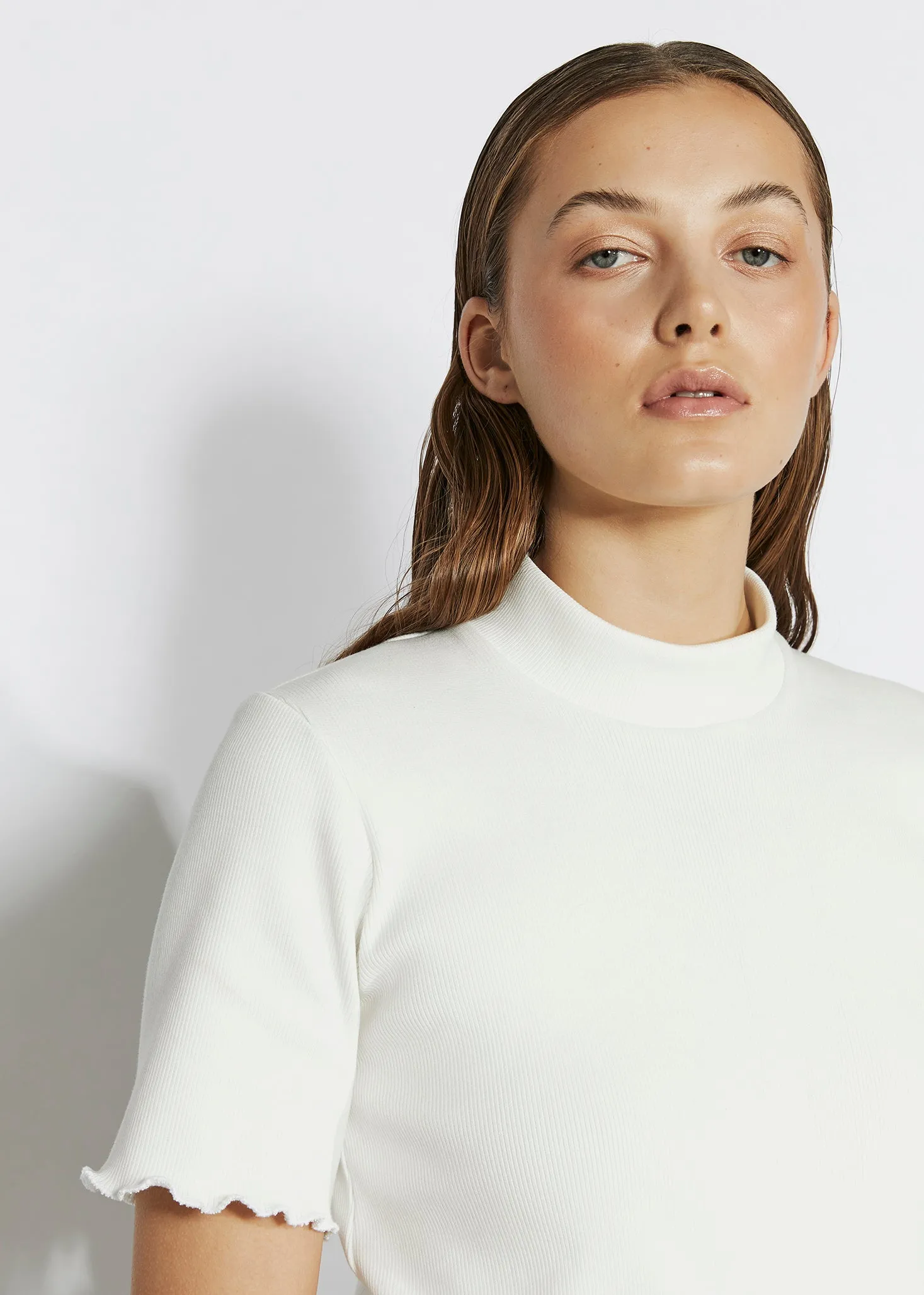 RIBBED MOCK NECK TEE ~ WHITE [ Cotton, Short Sleeved ]